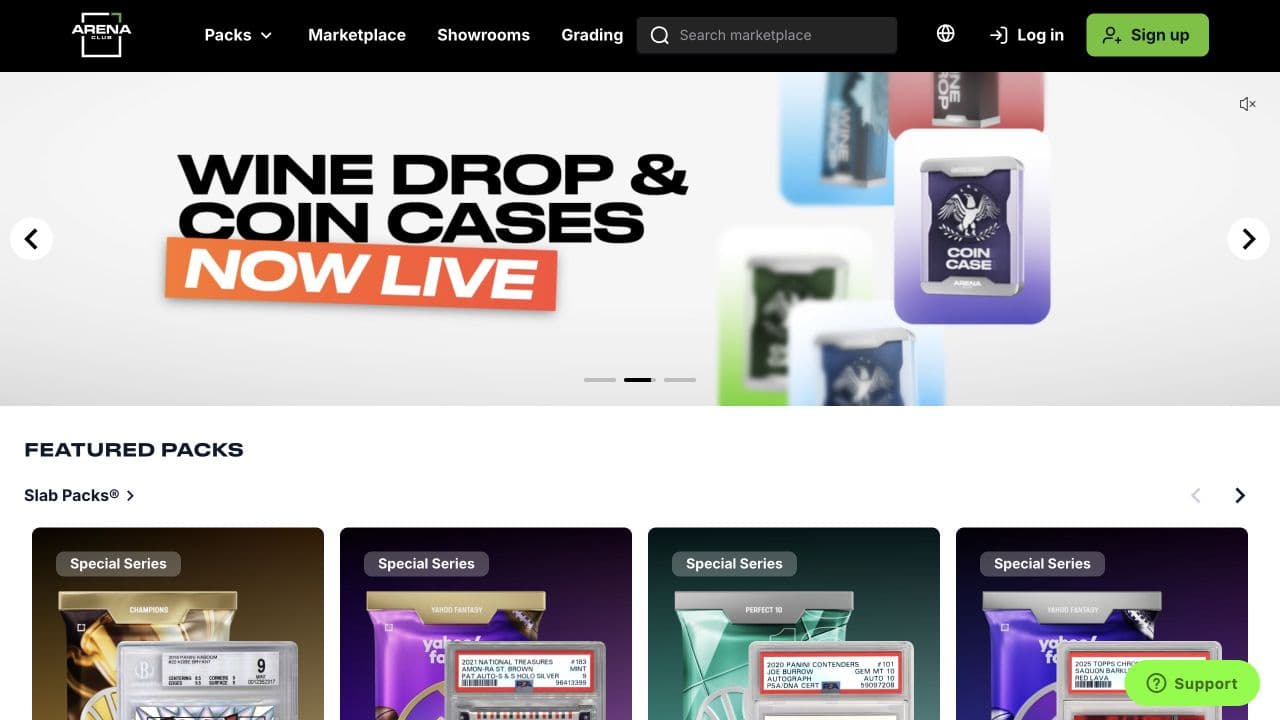 Arena Club platform with marketplace navigation and featured slab packs