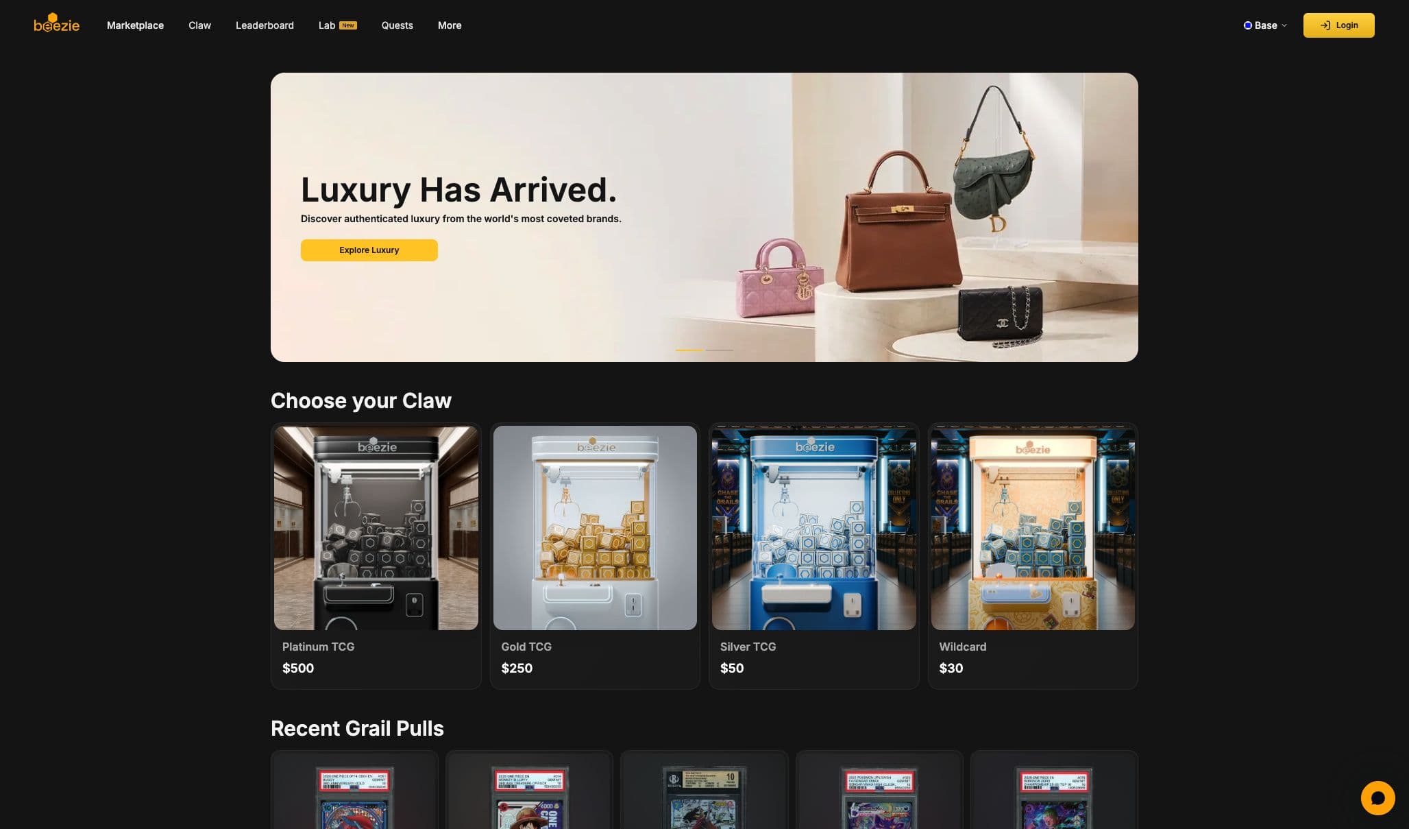 Beezie: beezie homepage and claw collectible tiers, captured September 14, 2026