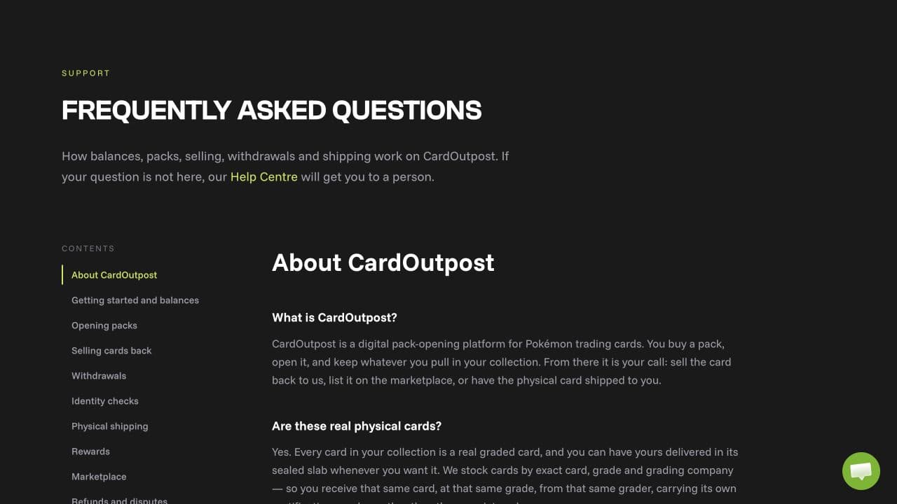 CardOutpost official frequently asked questions page
