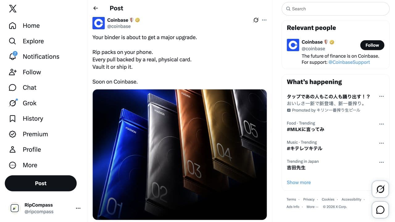 Coinbase Card Packs: official september 28 pack announcement on x, captured October 5, 2026