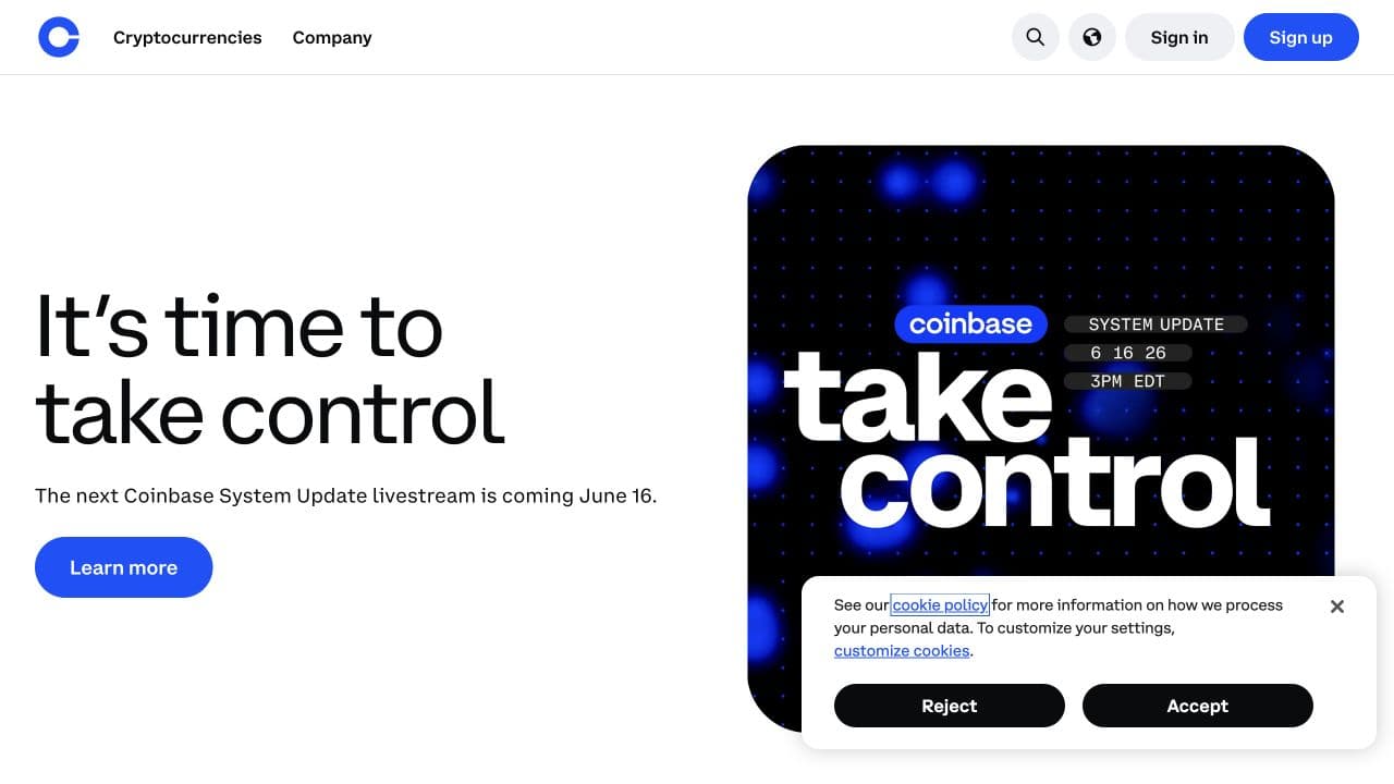 Coinbase official homepage with its navigation and corporate introduction, separate from the announced card-pack product
