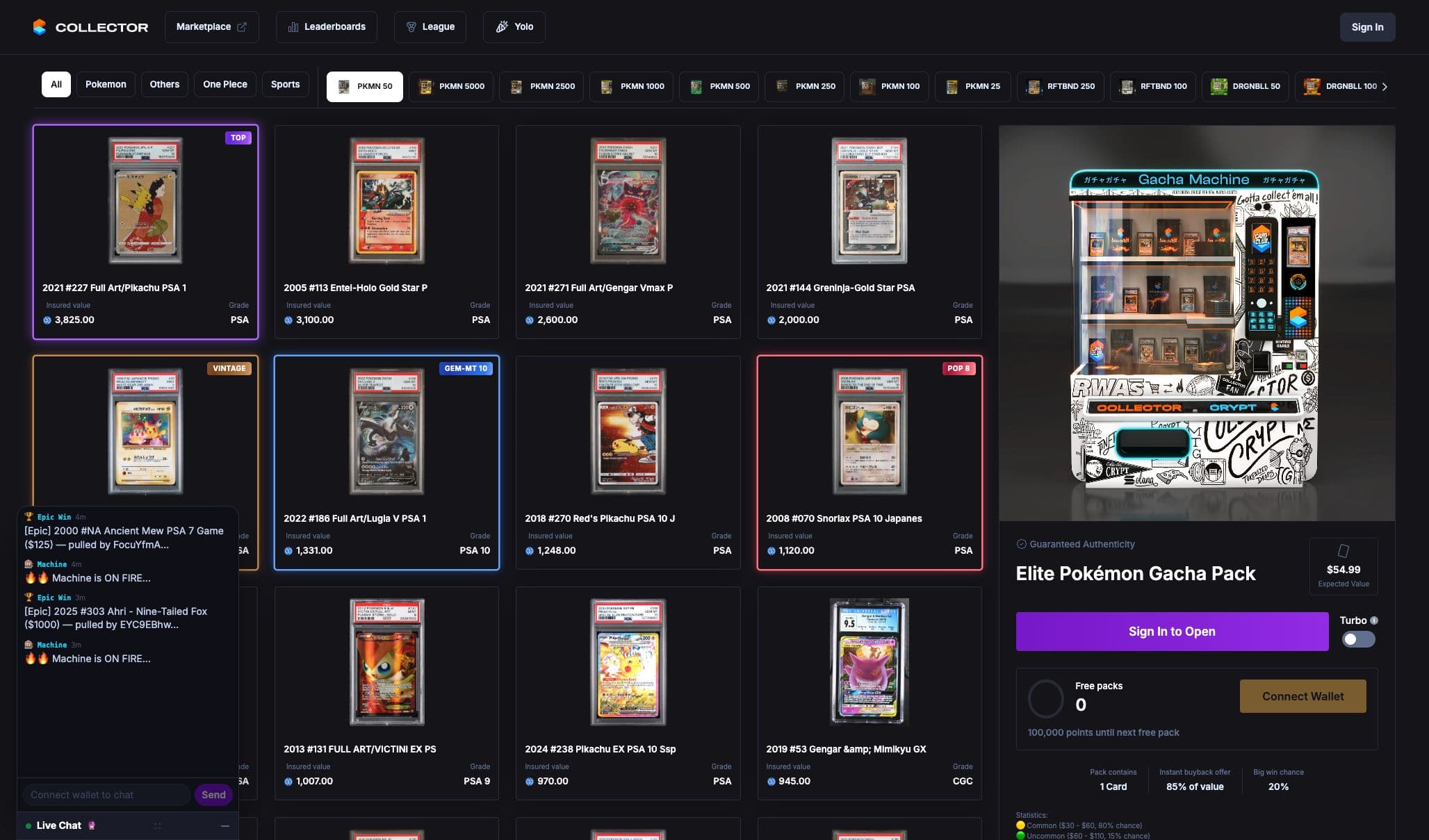Collector Crypt: collector crypt pokémon 50 machine with its card pool and buyback offer, captured September 14, 2026