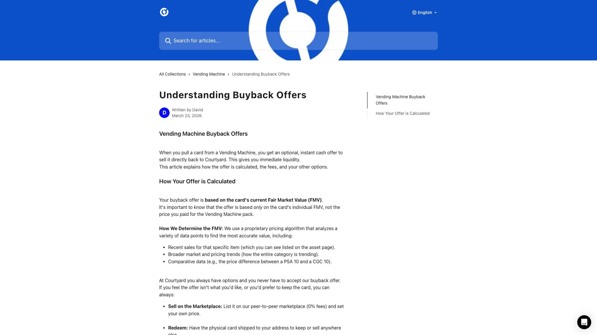 Courtyard help article explaining vending-machine buyback offers and fair market value