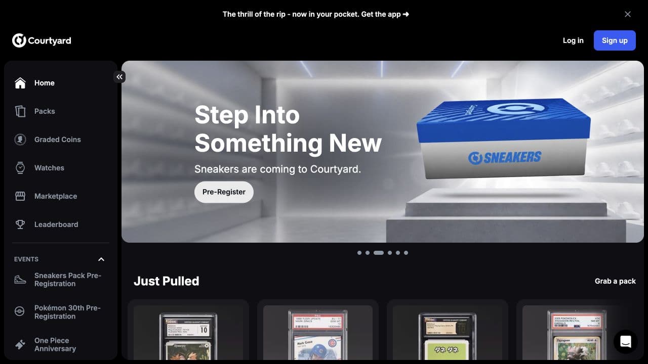 Courtyard public website with collectible pack and marketplace navigation