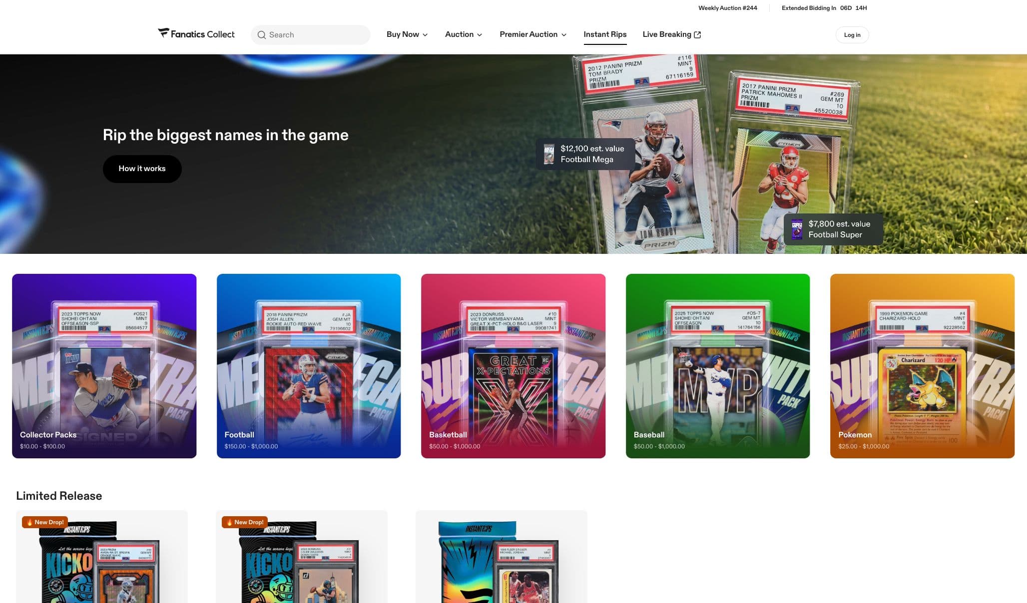 Fanatics Collect: fanatics collect instant rips catalog and pack categories, captured September 14, 2026