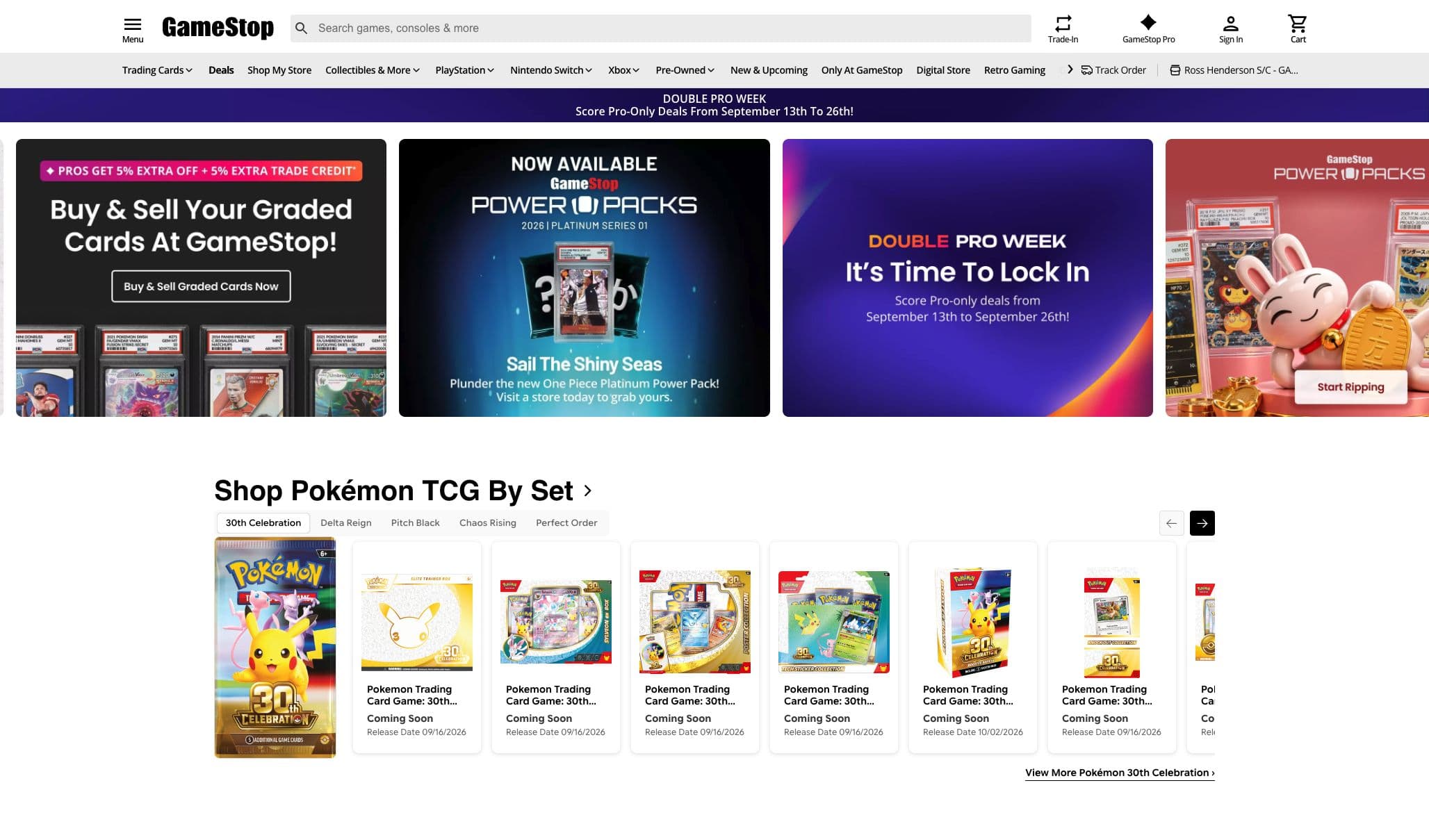GameStop Power Packs: gamestop retail homepage featuring its power packs promotion, captured September 14, 2026