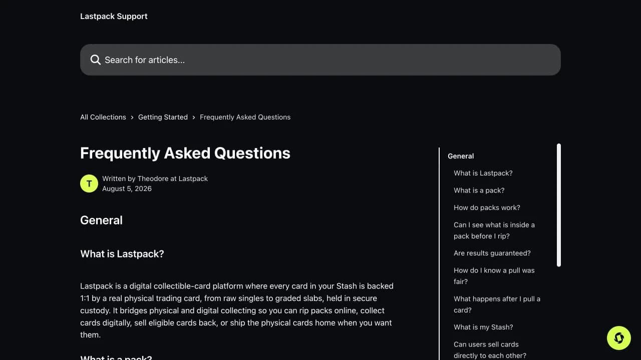 LastPack official FAQ explaining physical cards, pack odds and the sellback workflow