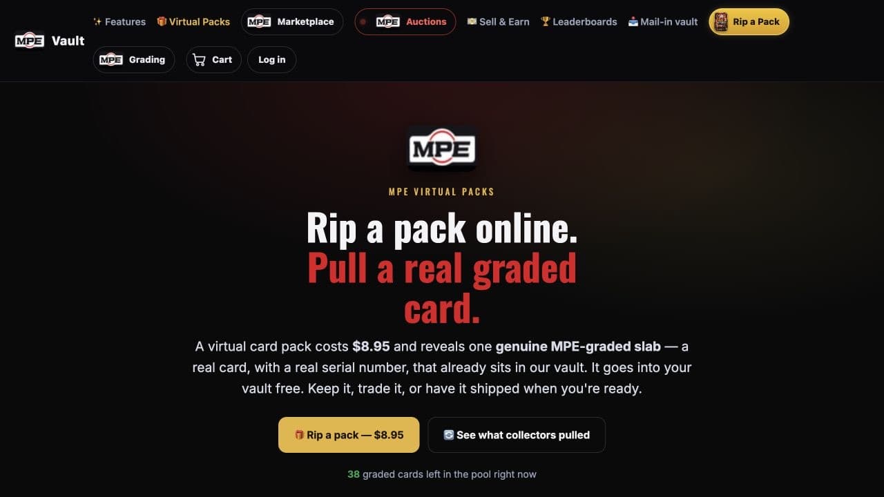 MPE / CardCollectorSuite public website showing its card-pack offering