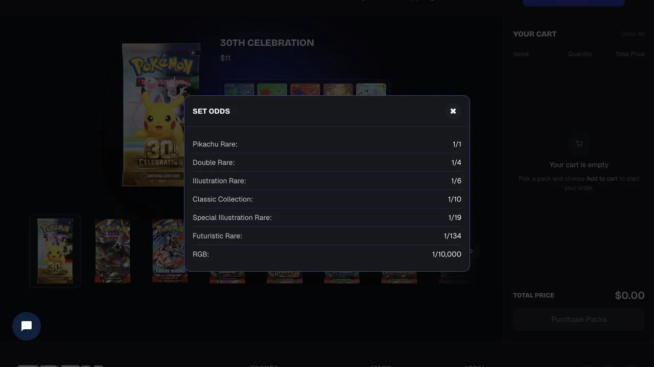 OpenThatPack Pokémon catalog displaying the 30th Celebration set odds panel