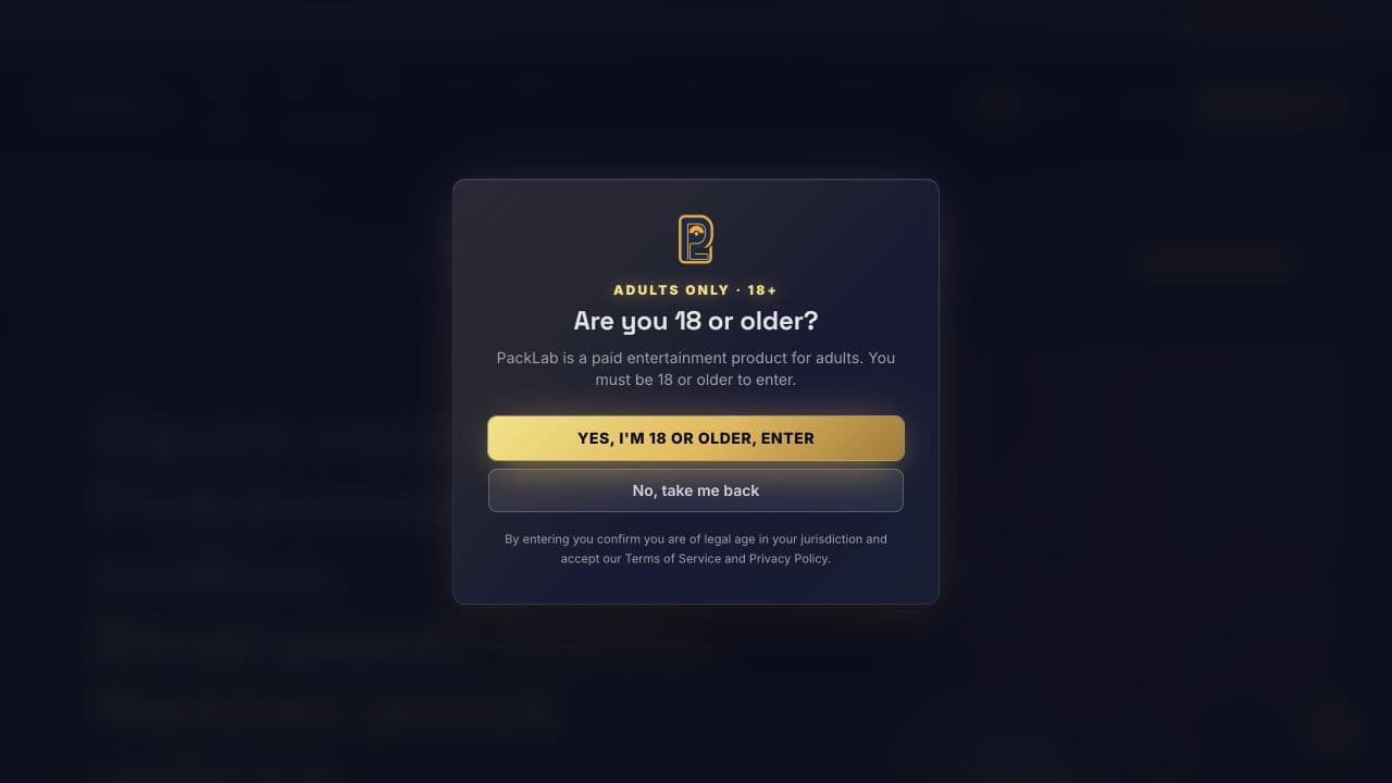 PackLab: public homepage with age/terms gate; no acceptance performed, captured October 10, 2026