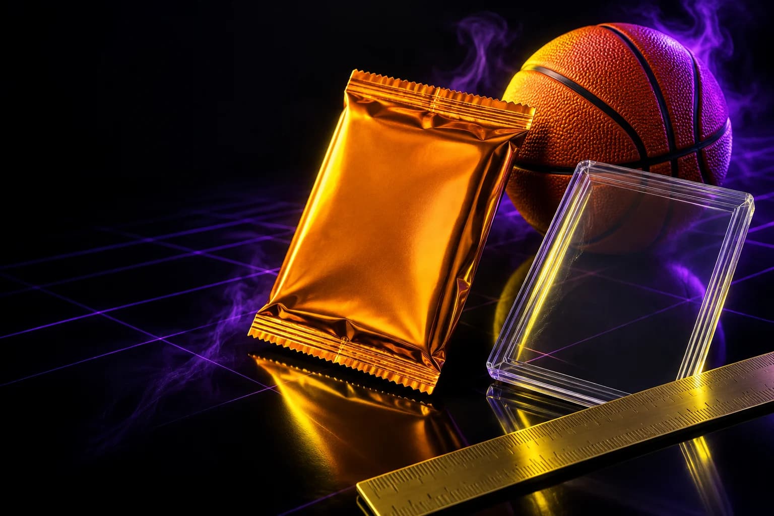 Conceptual editorial illustration for the Basketball Starter Pack analysis; generic collecting objects, not actual vendor packaging.