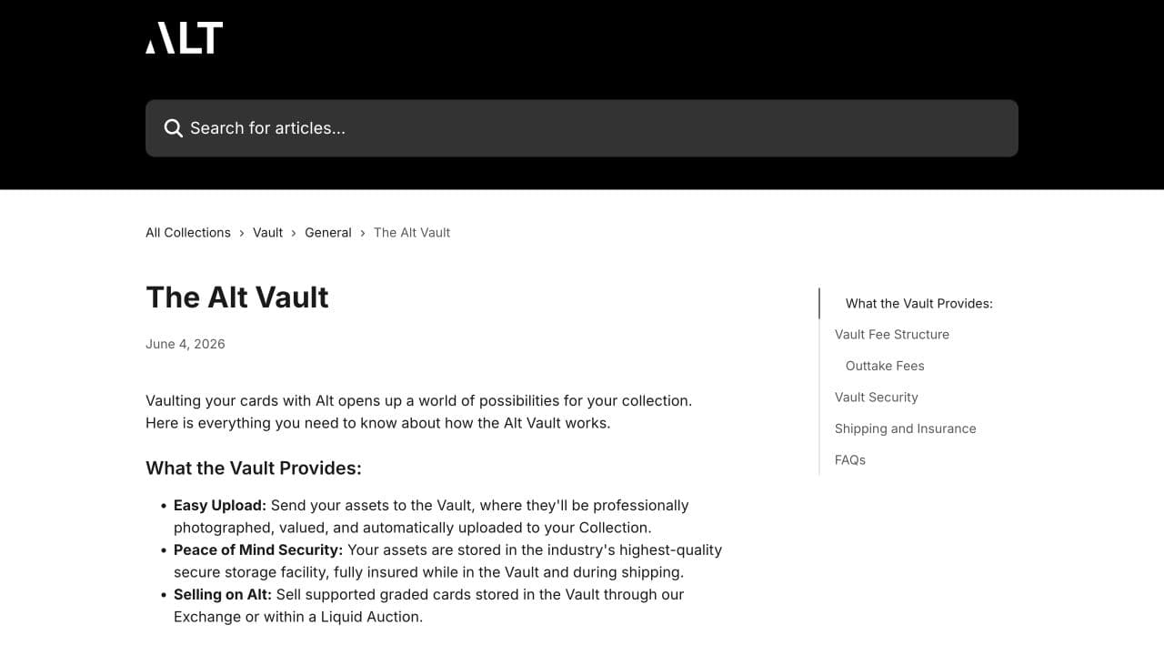 Alt official help page describing the Alt Vault