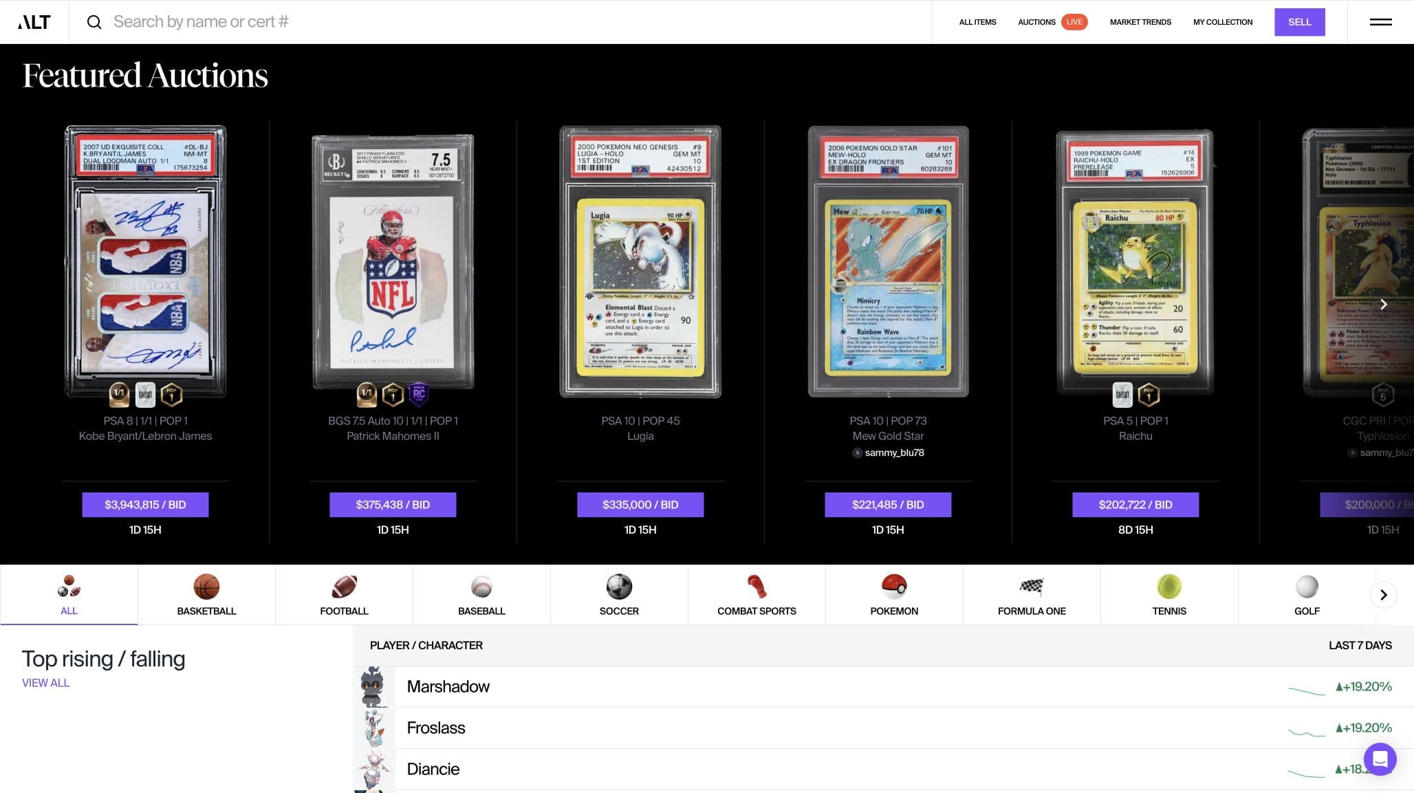 Alt marketplace showing graded trading cards and collection navigation