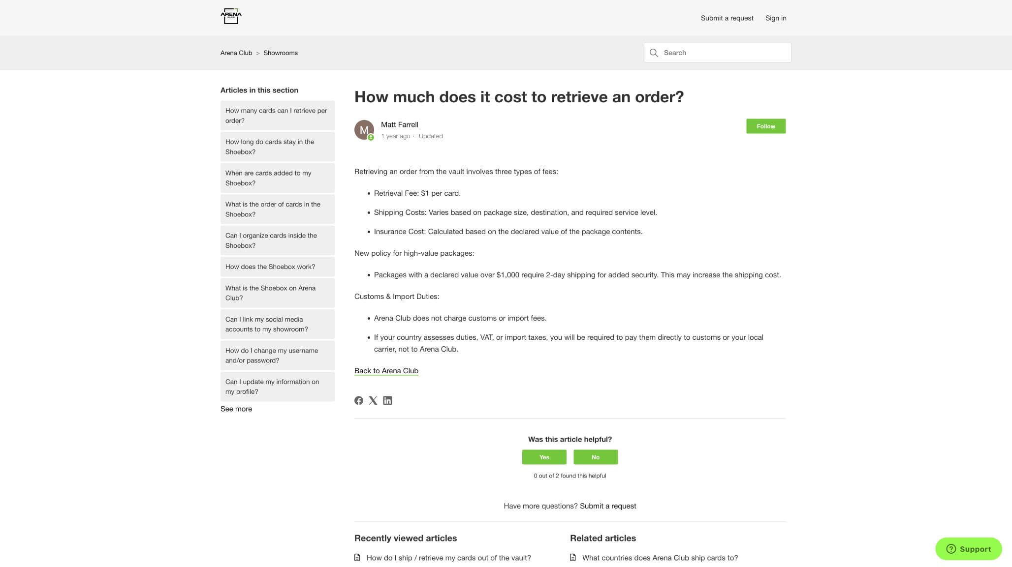 Arena Club retrieval fee guide showing per-card, shipping and insurance charges