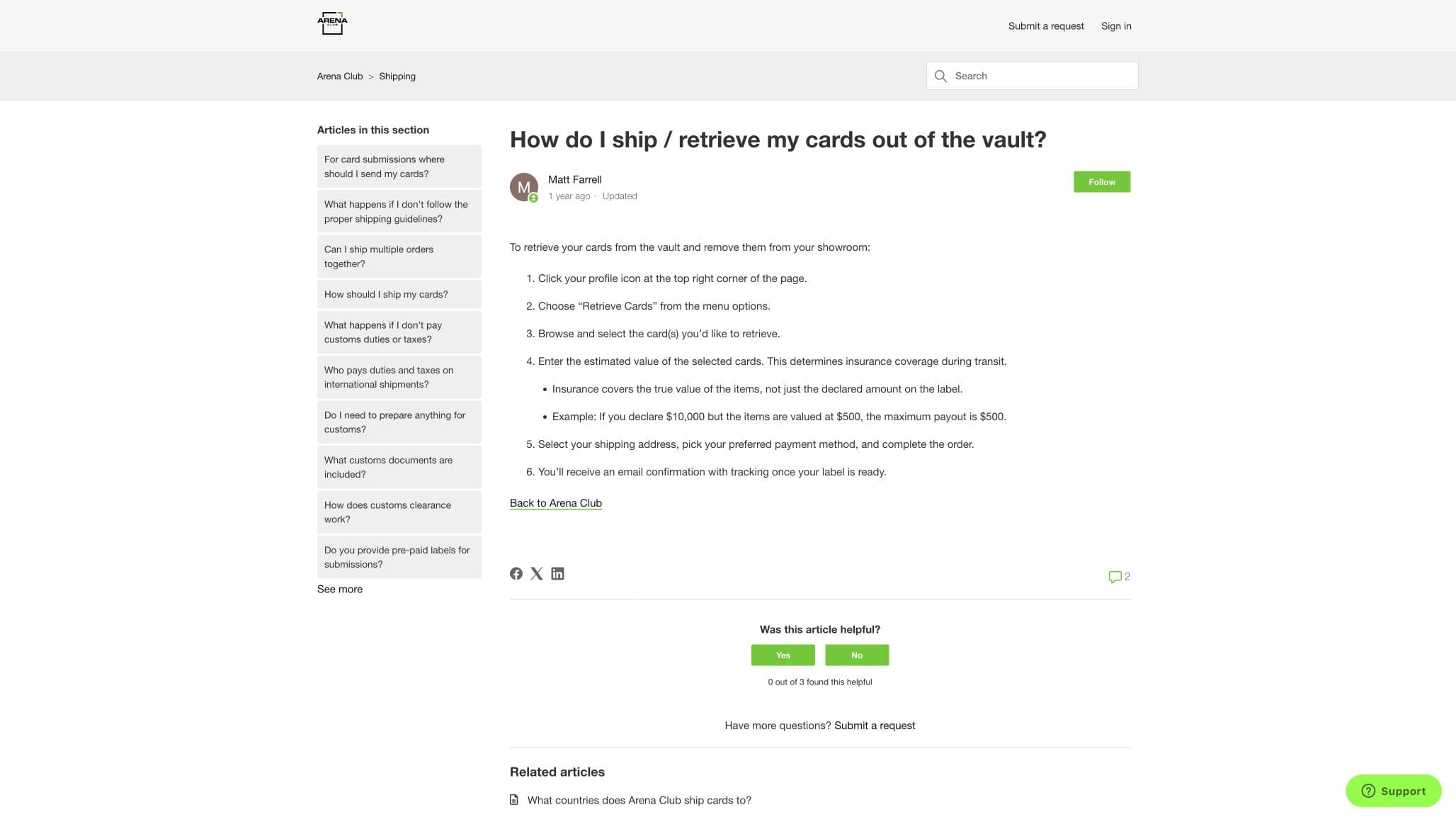 Arena Club help page showing the steps to retrieve vaulted cards