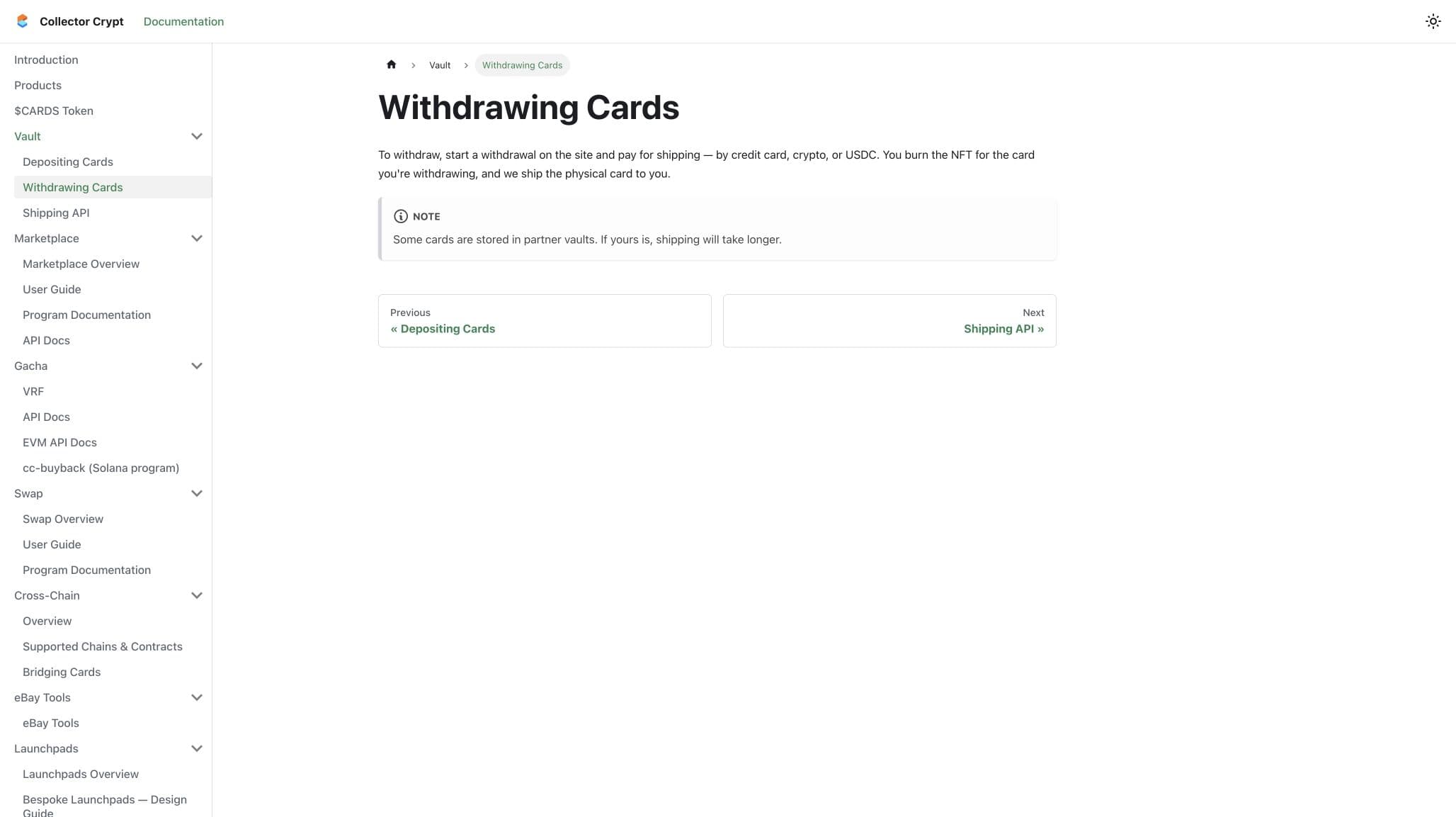 Collector Crypt withdrawal guide describing shipment payment and partner-vault delays