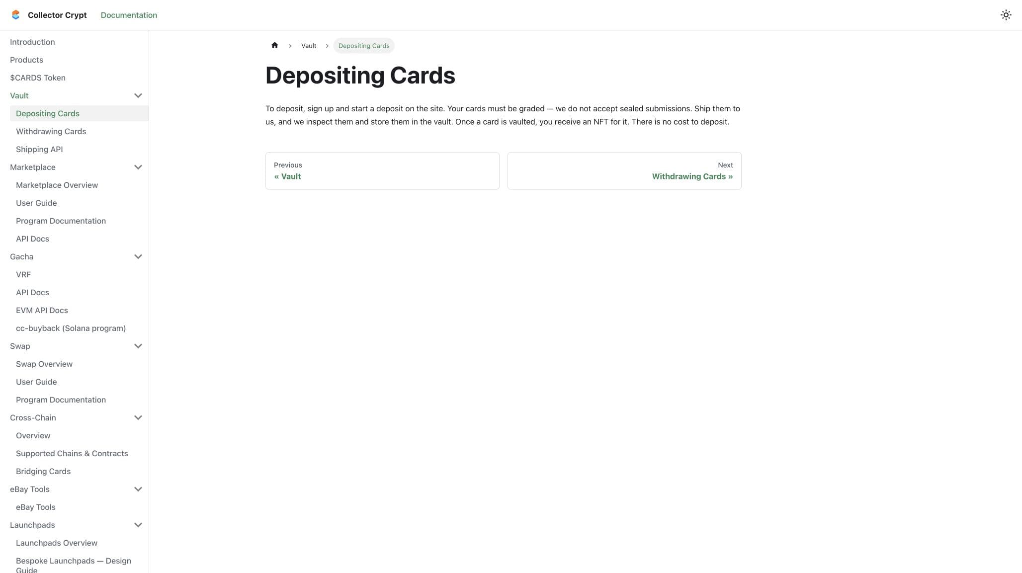 Collector Crypt deposit guide stating graded-card requirements and no deposit fee