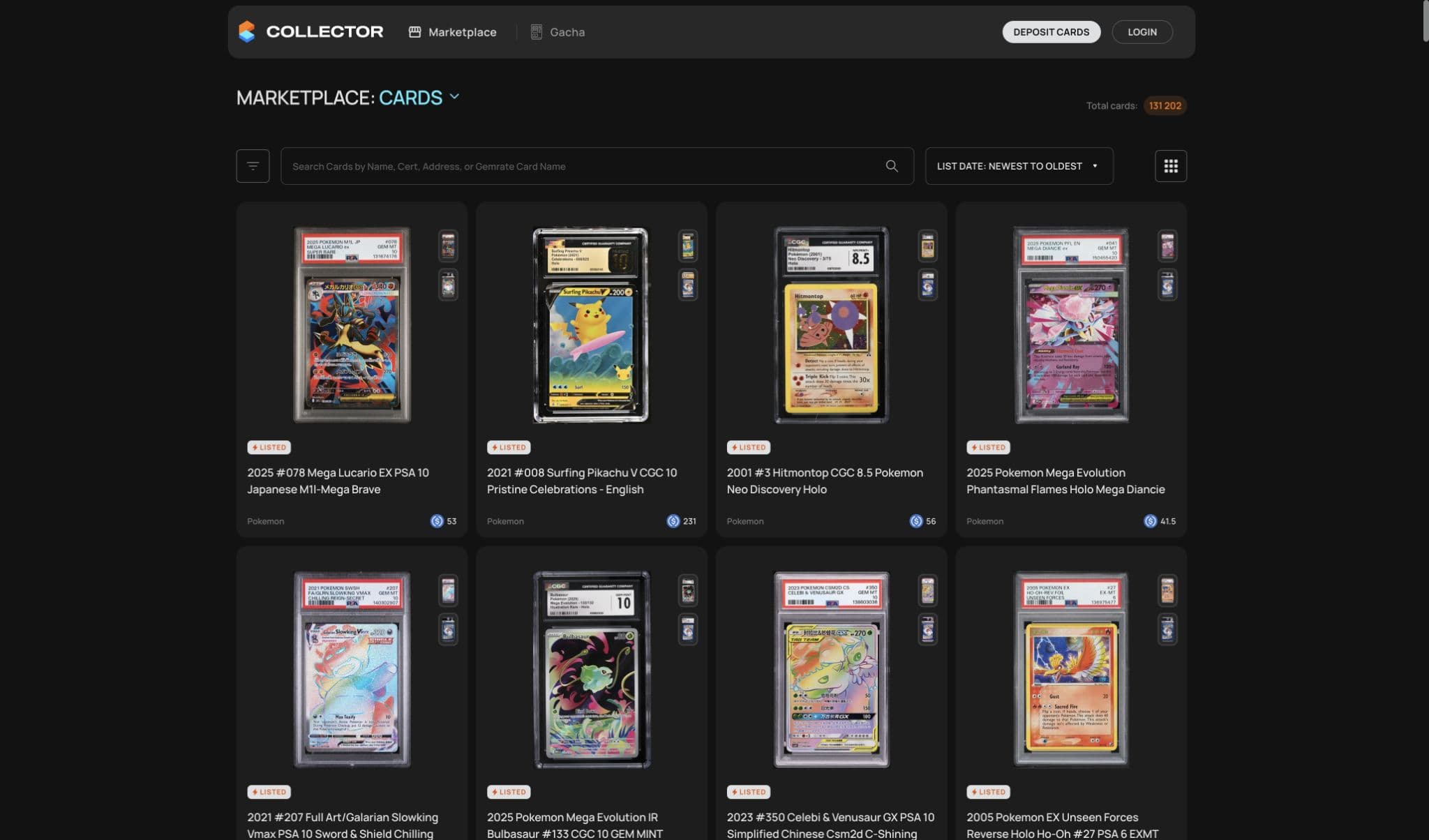 Collector Crypt marketplace showing graded Pokémon cards and deposit controls