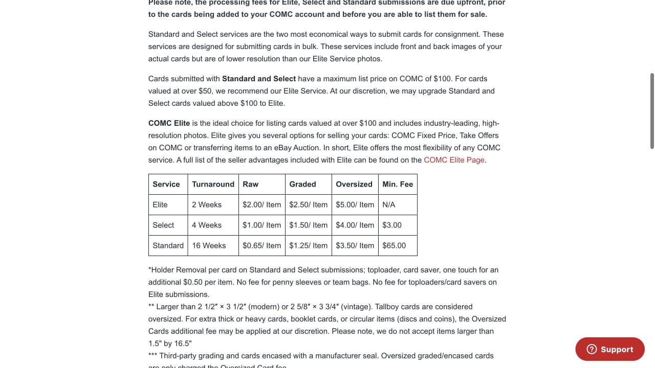 COMC official consignment processing fee schedule