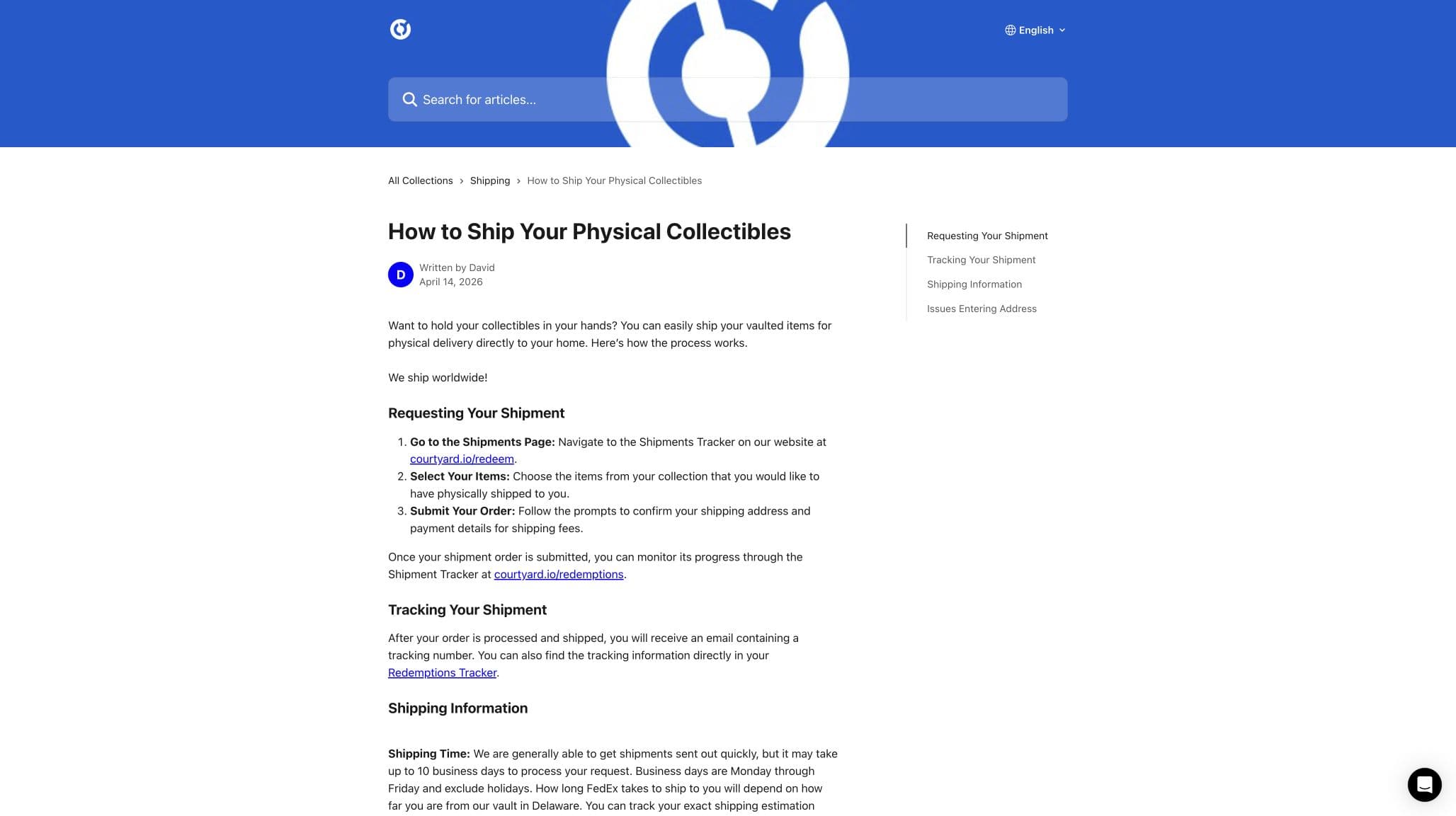 Courtyard physical shipping guide explaining processing and destination-based charges