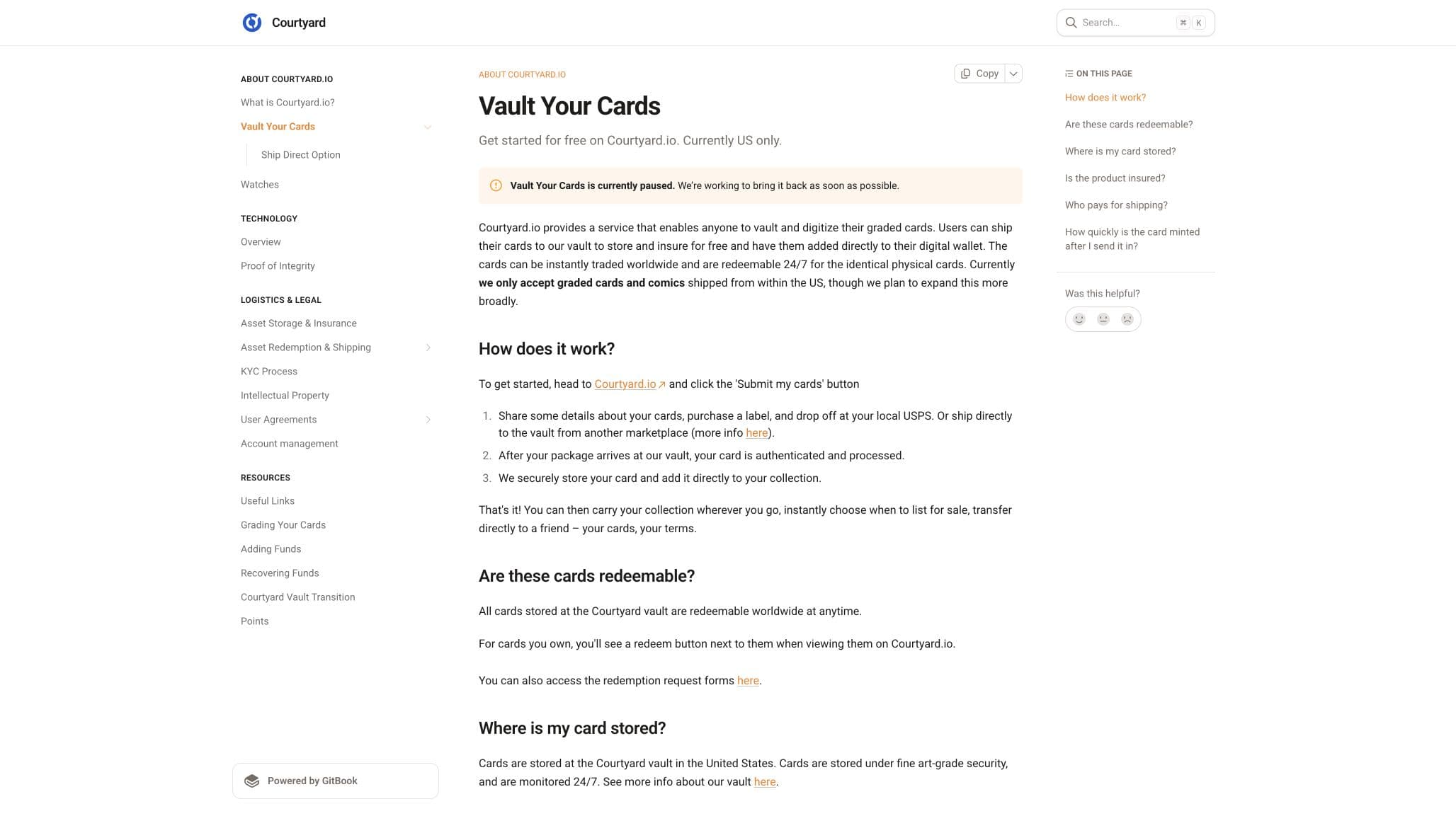 Courtyard vault documentation showing external card submissions are paused