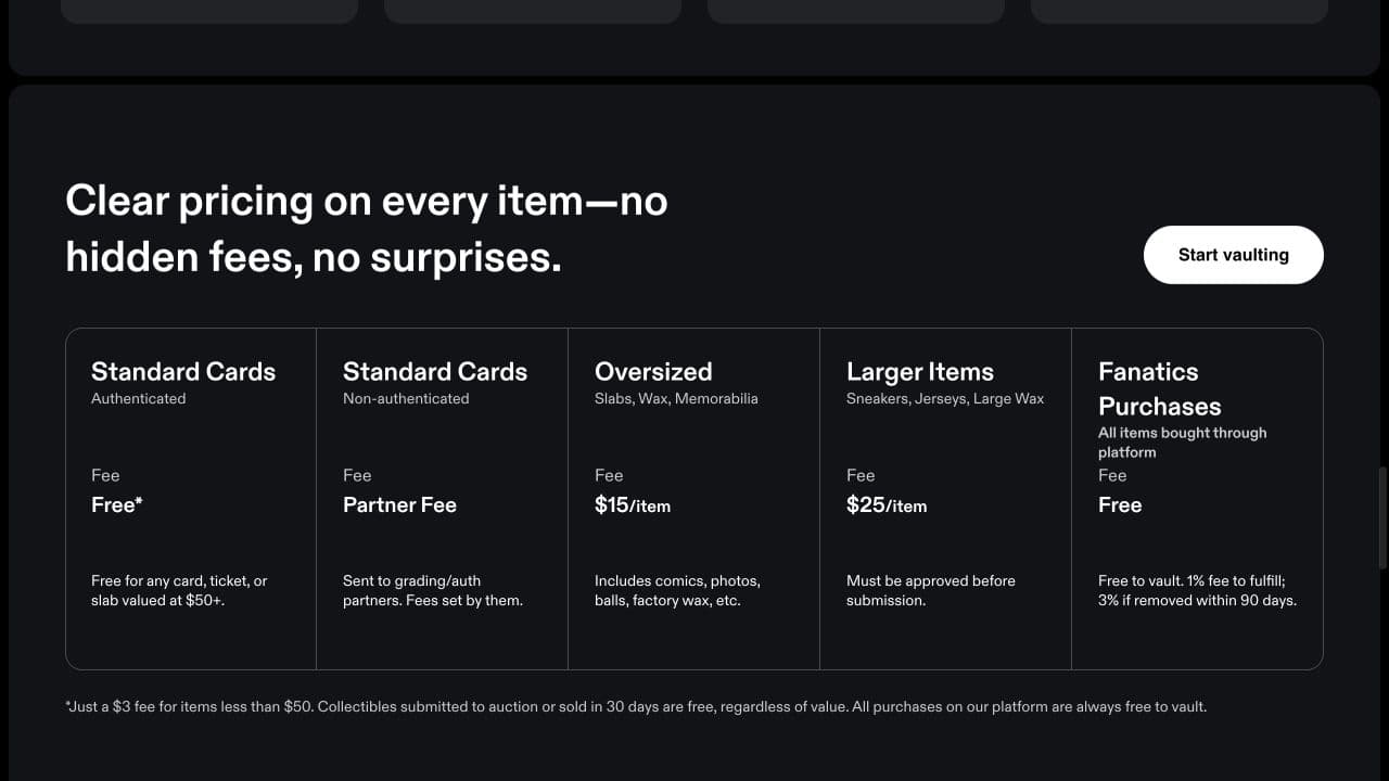 Fanatics Collect official vault page showing its intake and fulfillment fees