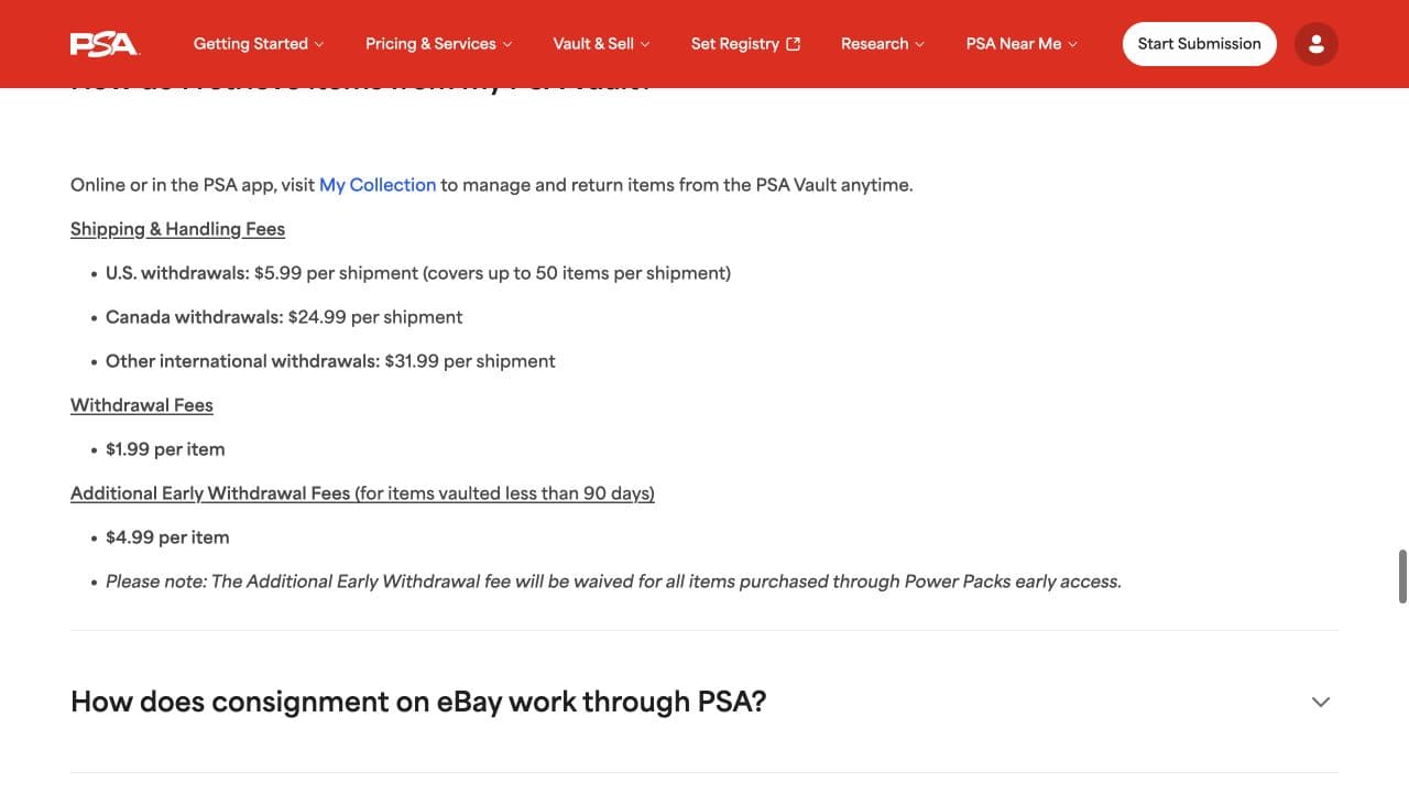 PSA official vault page showing withdrawal and shipment fees