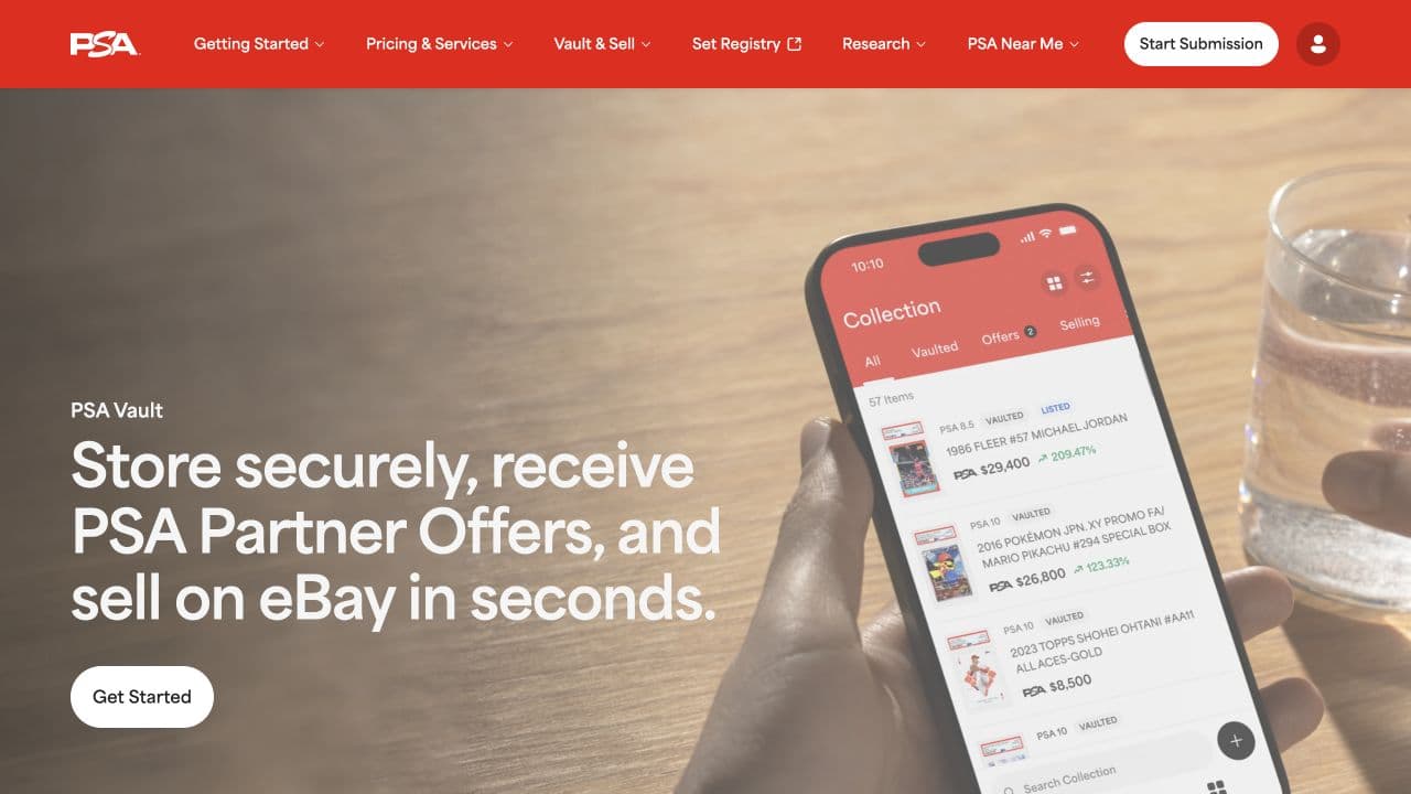 PSA official vault page describing its storage and selling service