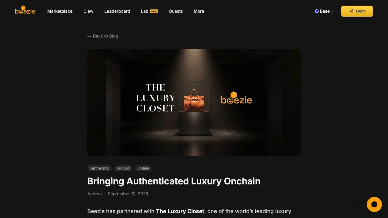 Beezie and The Luxury Closet partnership announcement featuring a designer handbag