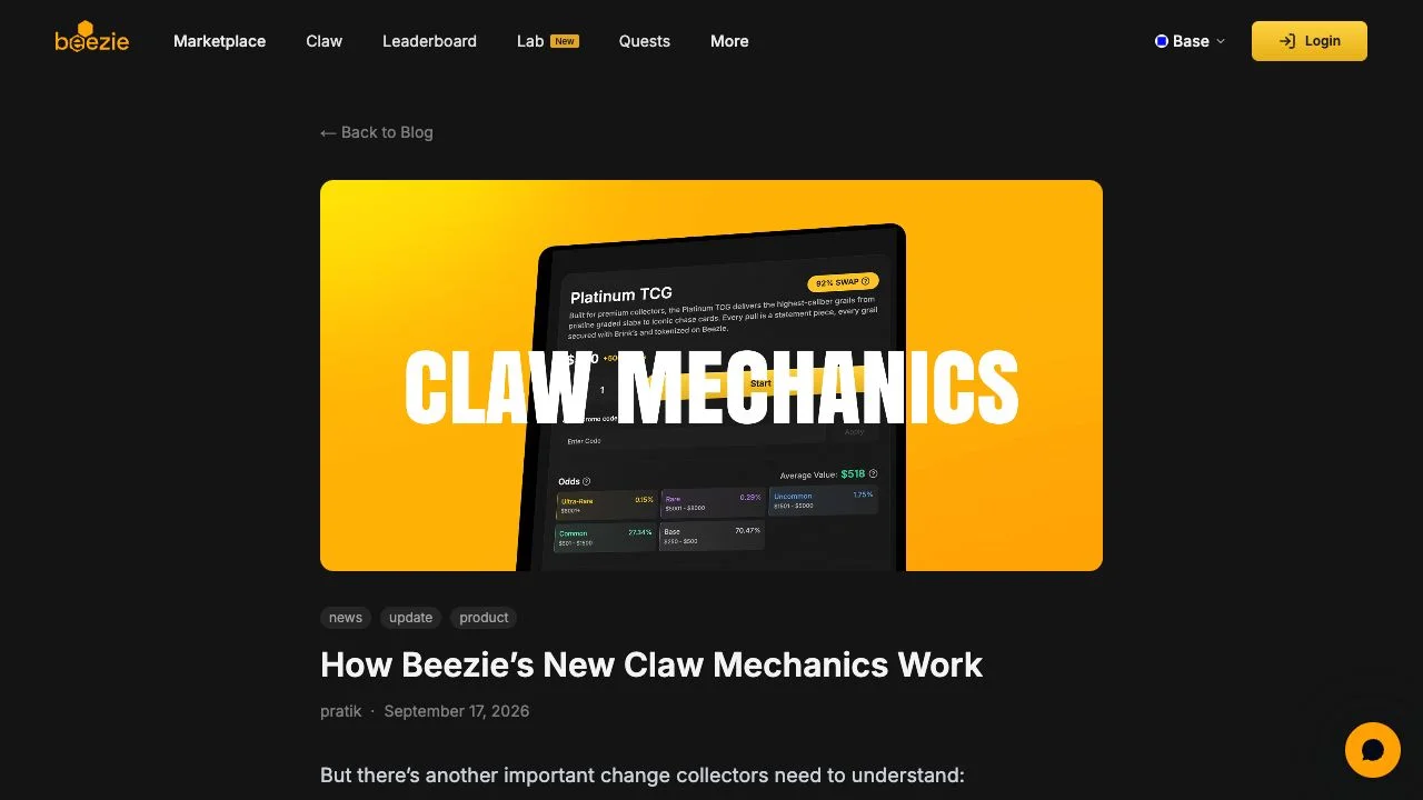 Beezie blog announcing its new Claw mechanics on September 17, 2026