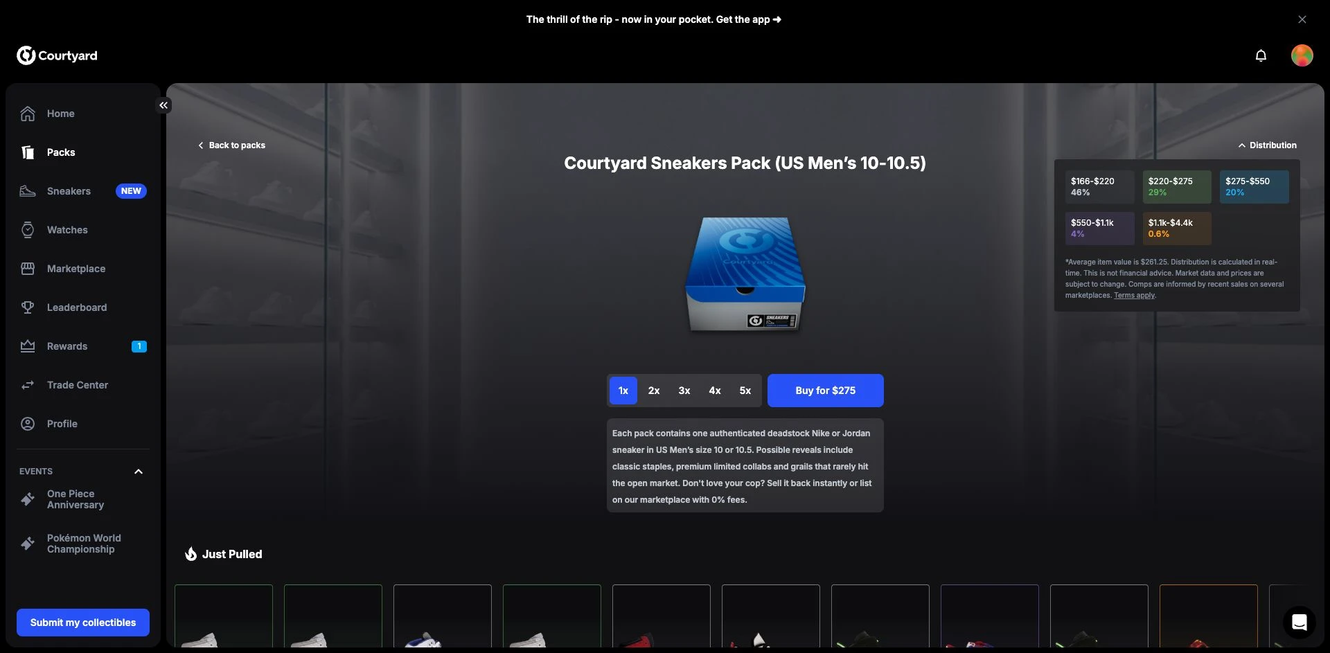 Courtyard sneaker pack distribution showing five value bands and an average item value of $261.25