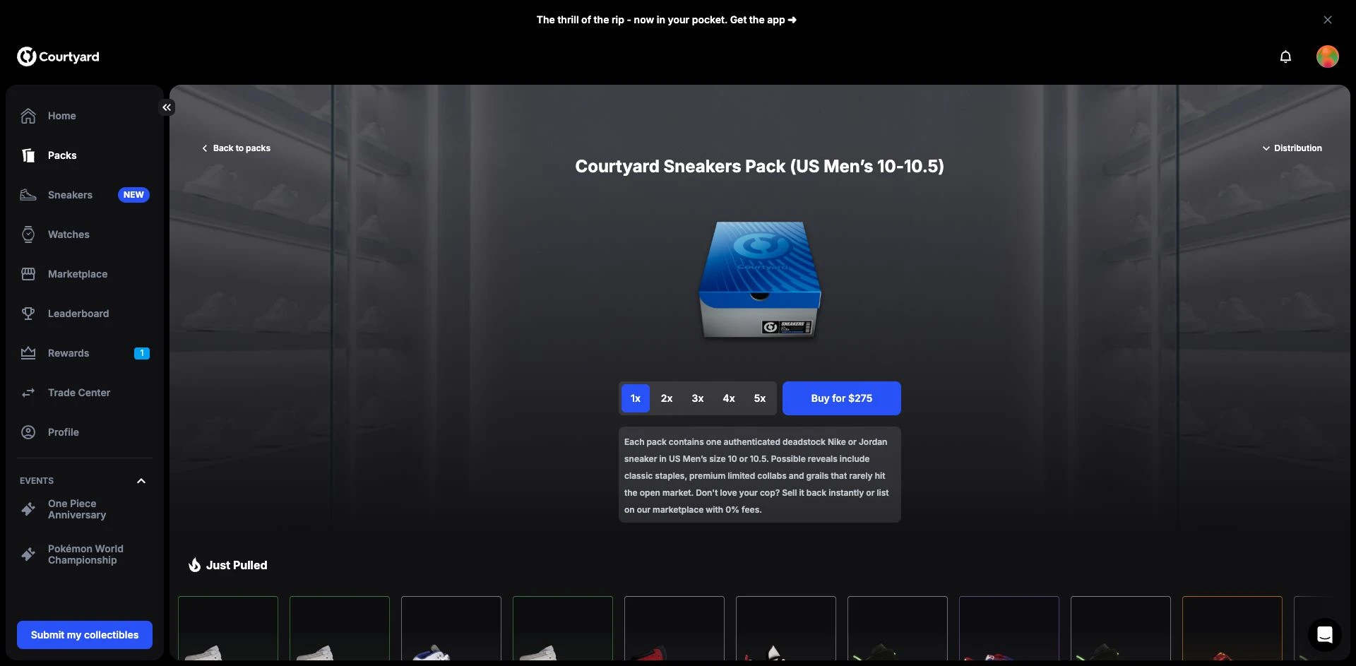 Courtyard US men’s 10–10.5 sneaker pack page showing the $275 purchase price and product description
