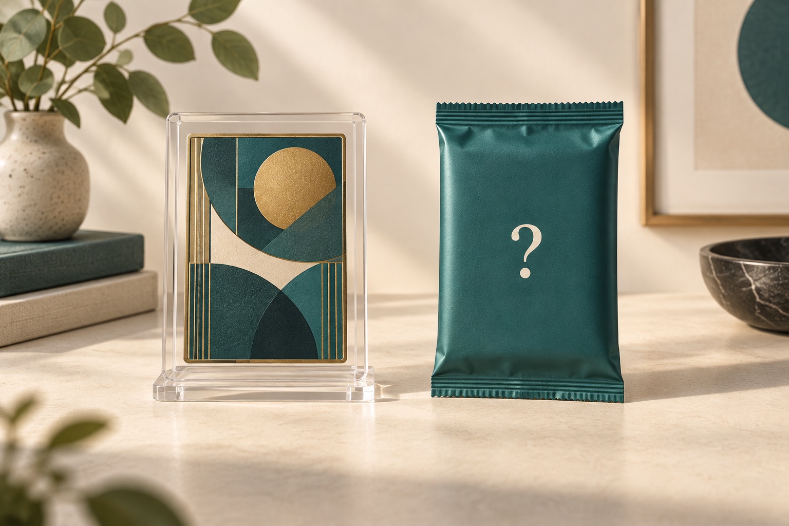 Illustration comparing a visible collector card in a clear holder with a sealed teal mystery pack