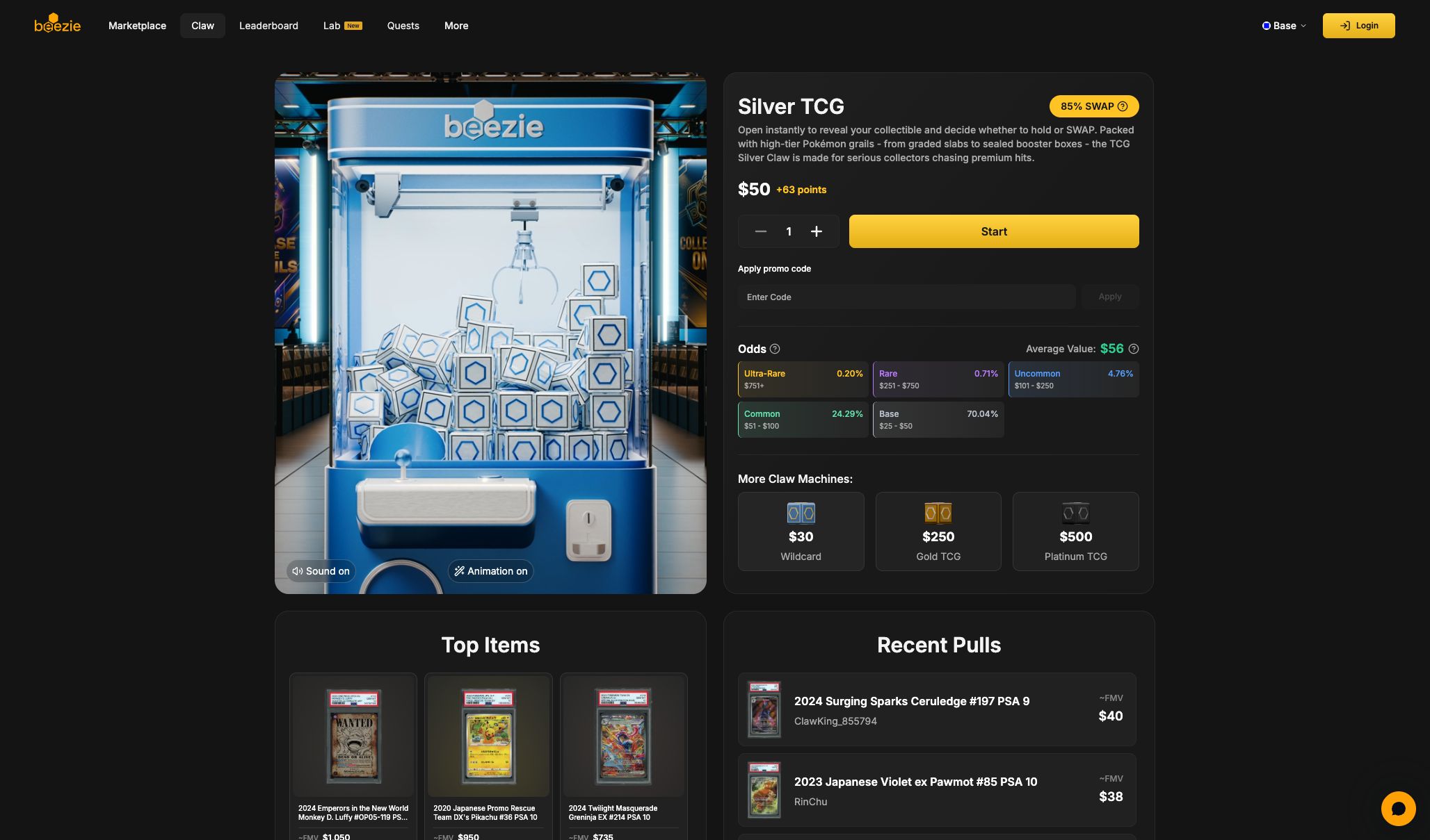 Beezie Silver TCG claw page showing its price, swap offer and card value tiers