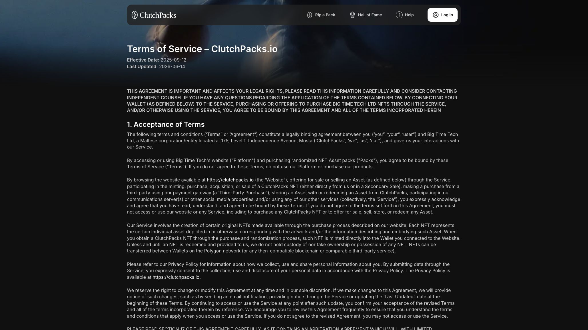 ClutchPacks official terms page with effective and last-updated dates