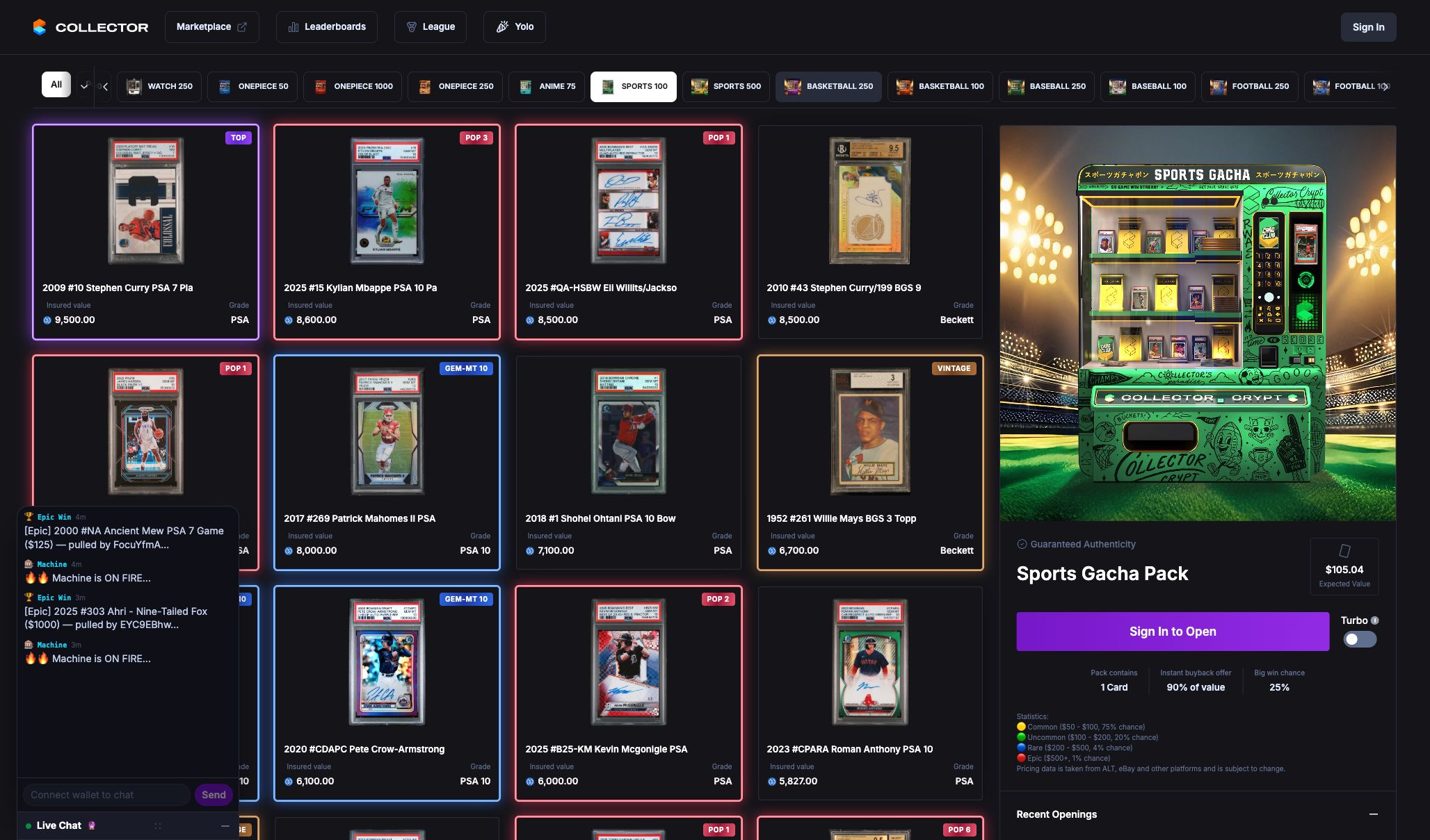 Collector Crypt Sports 100 machine showing its sports card pool and buyback information