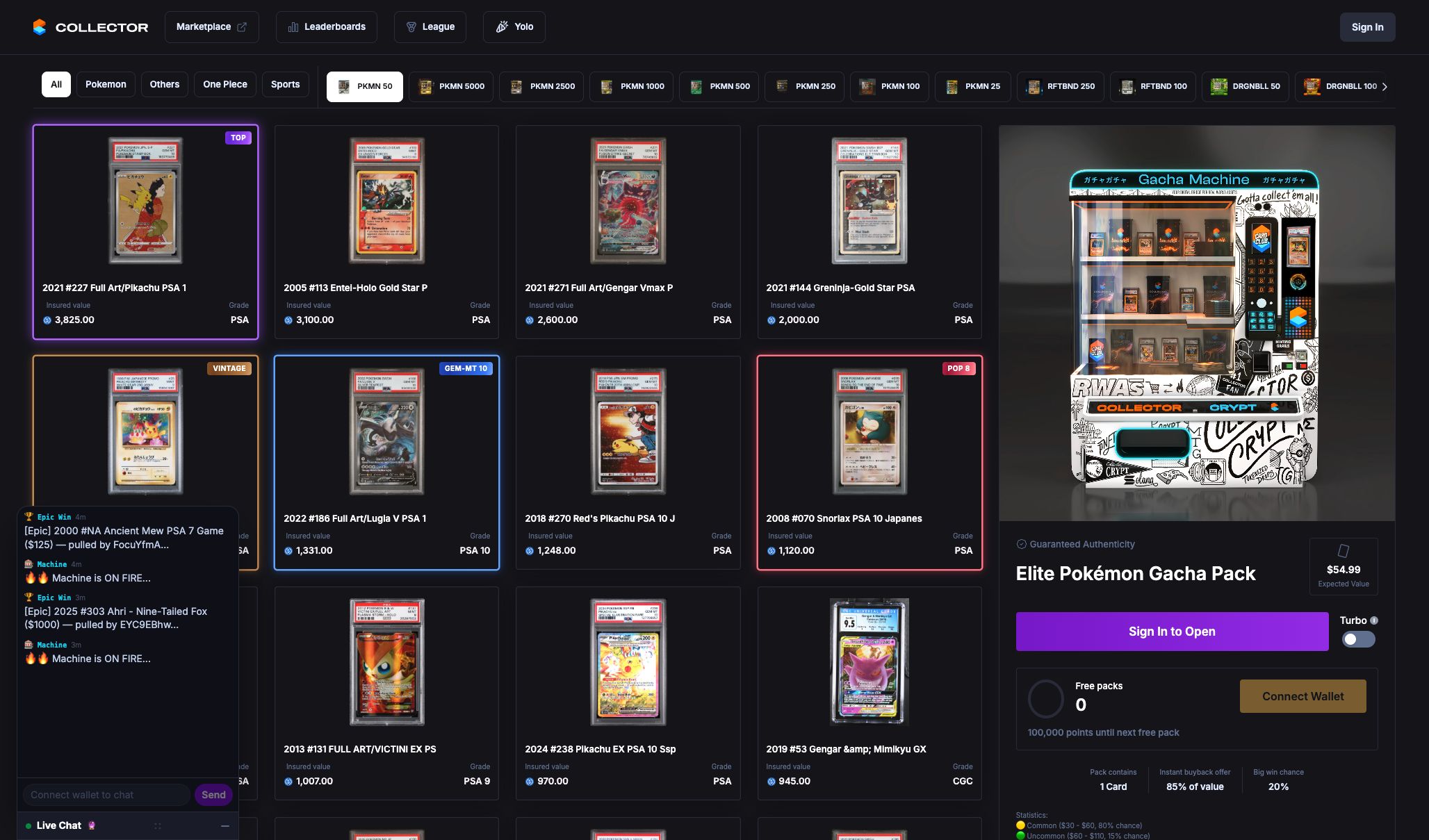 Collector Crypt: collector crypt pokémon 50 machine with its card pool and buyback offer, captured September 14, 2026