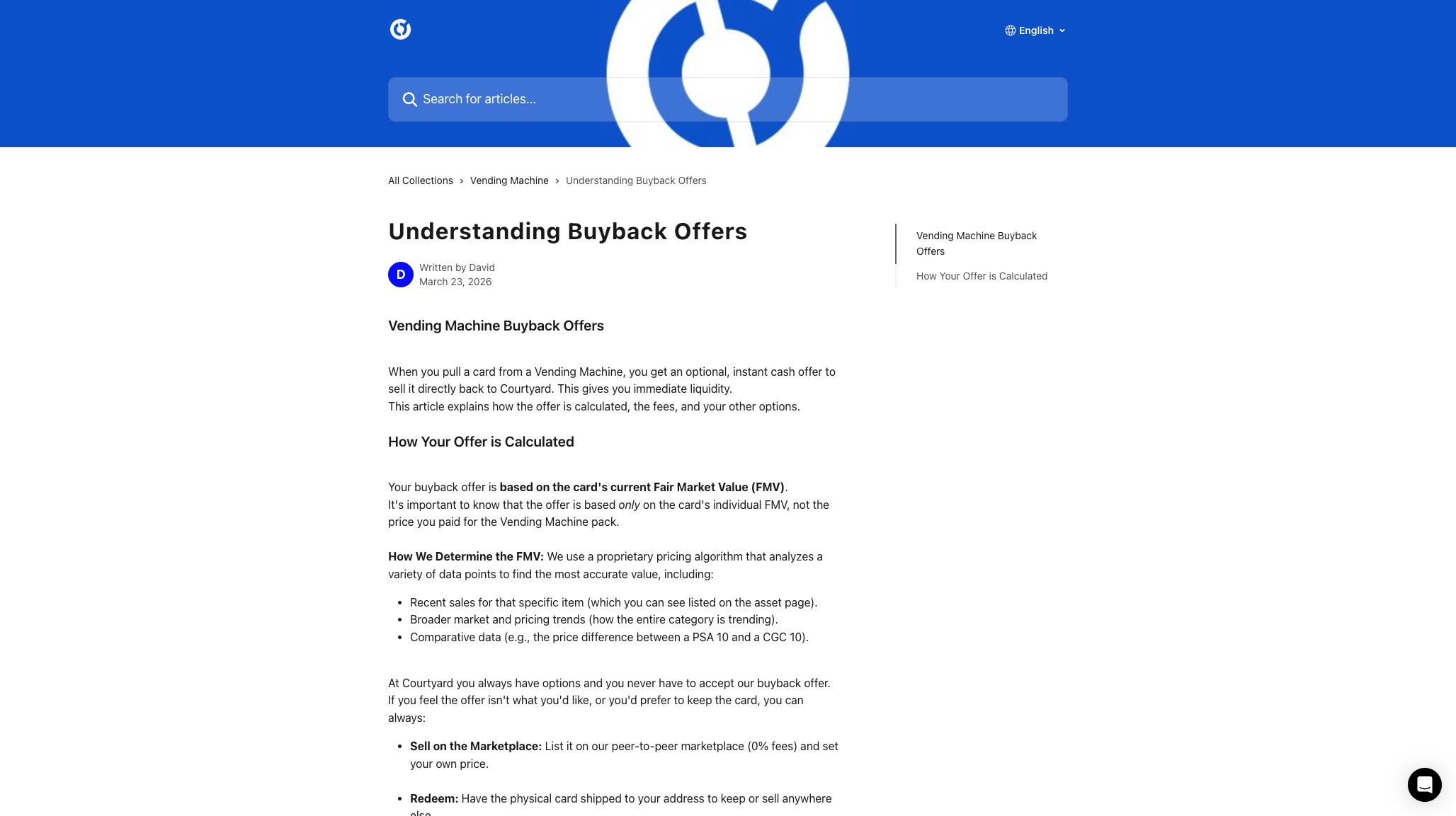 Courtyard help article explaining vending-machine buyback offers and fair market value