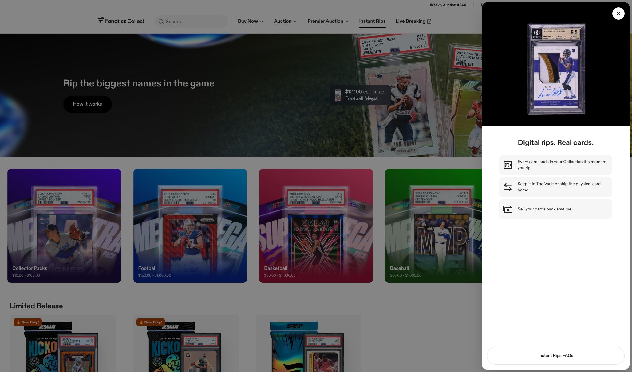 Fanatics Collect Instant Rips with its How It Works explanation open