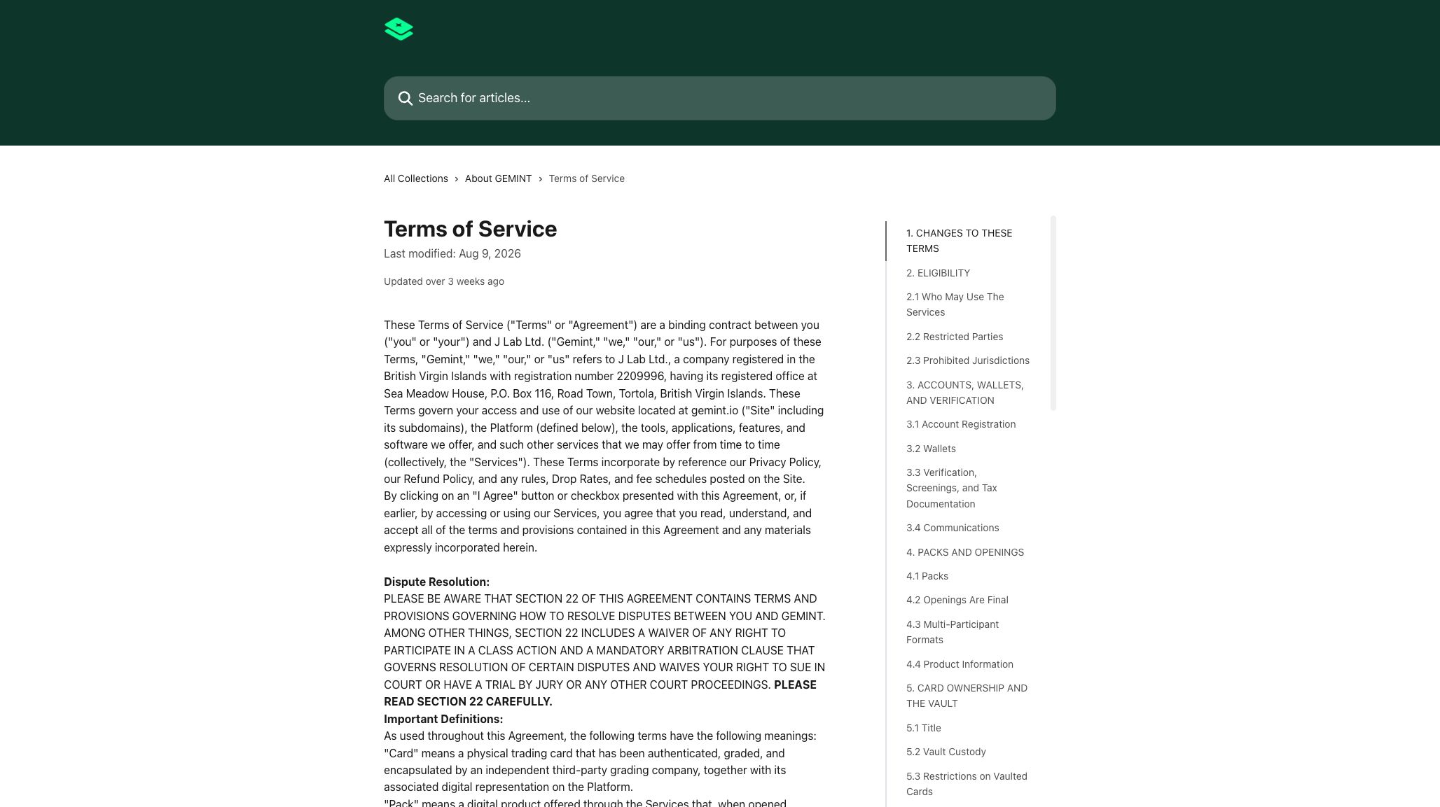 GEMINT official help-center terms page showing the revision date and service definitions