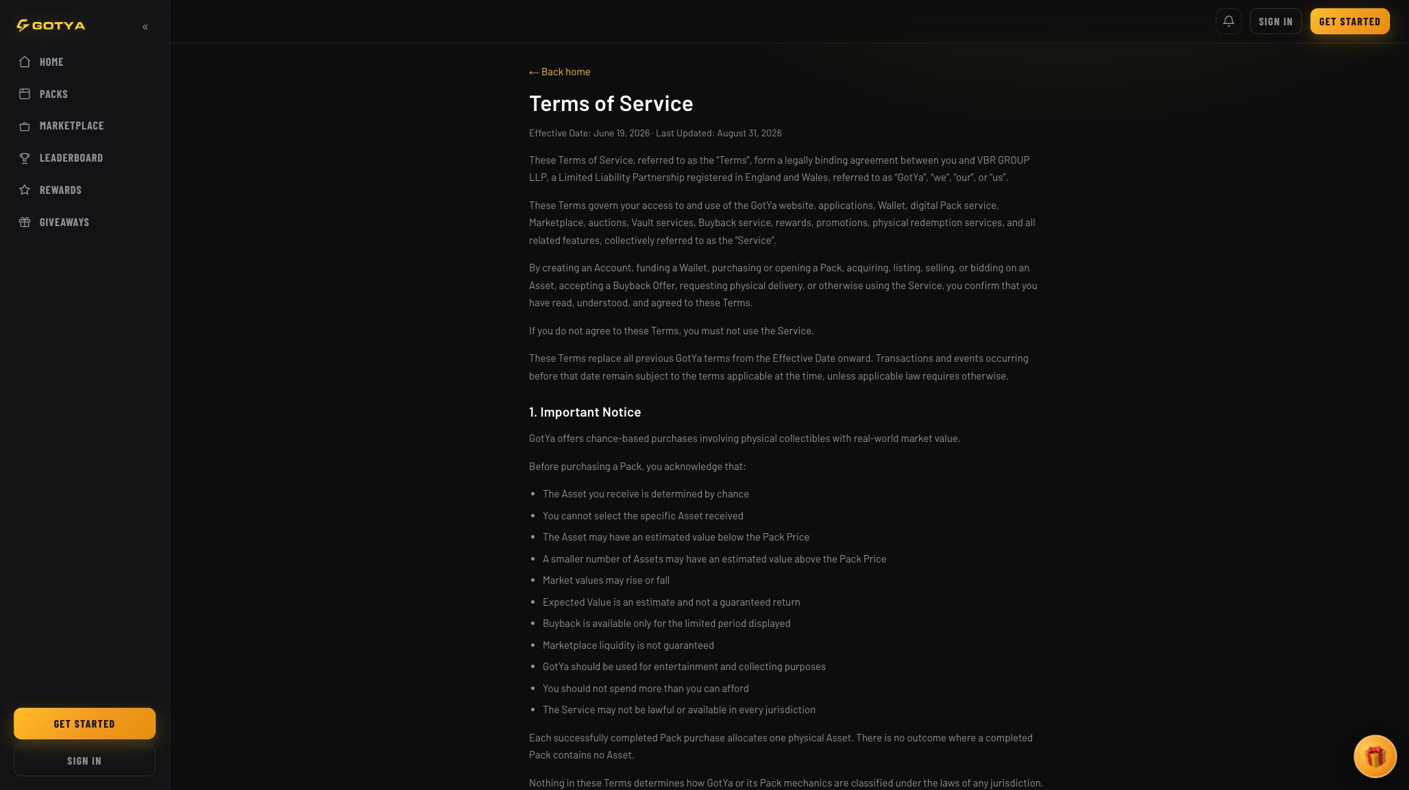 Gotya Terms of Service page showing its effective date and collectible pack purchase information