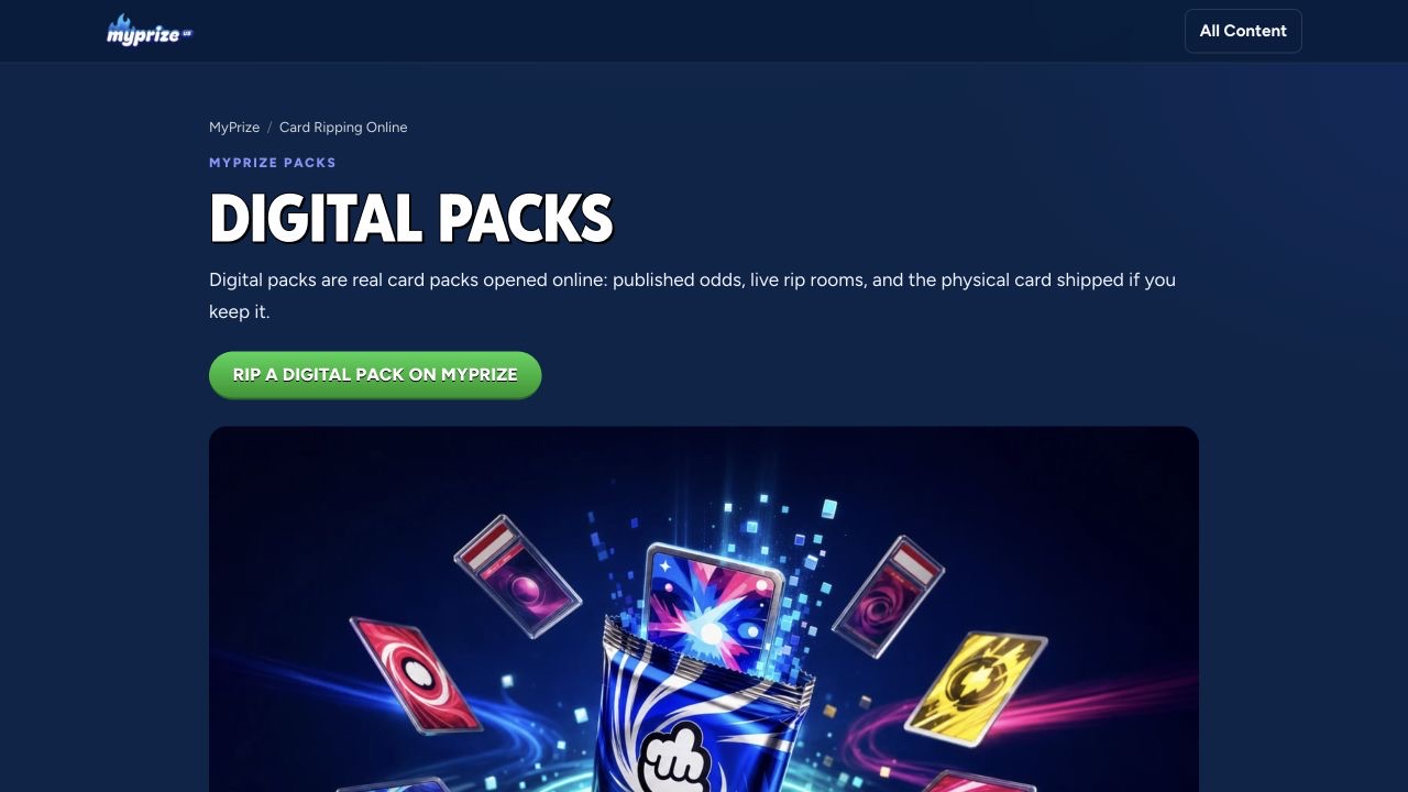 MyPrize Digital Packs: public catalog and product overview, captured September 17, 2026