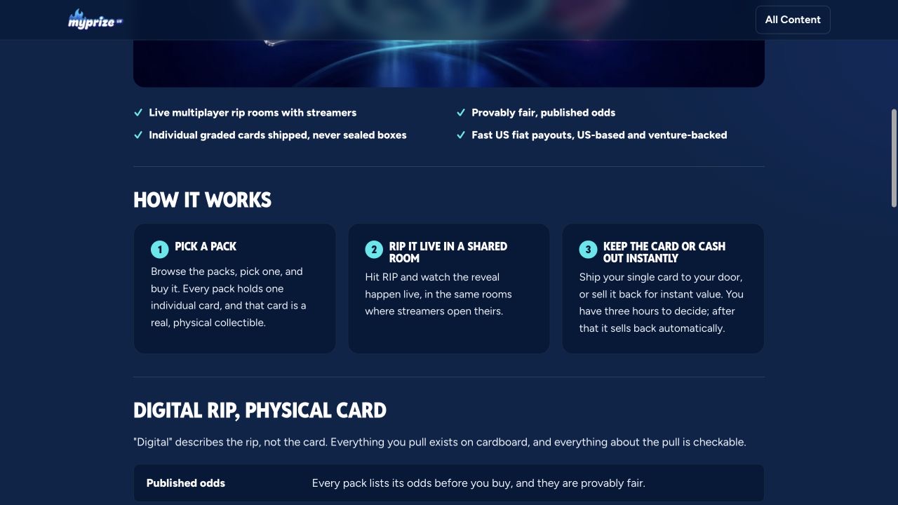 MyPrize Digital Packs product workflow and collection options
