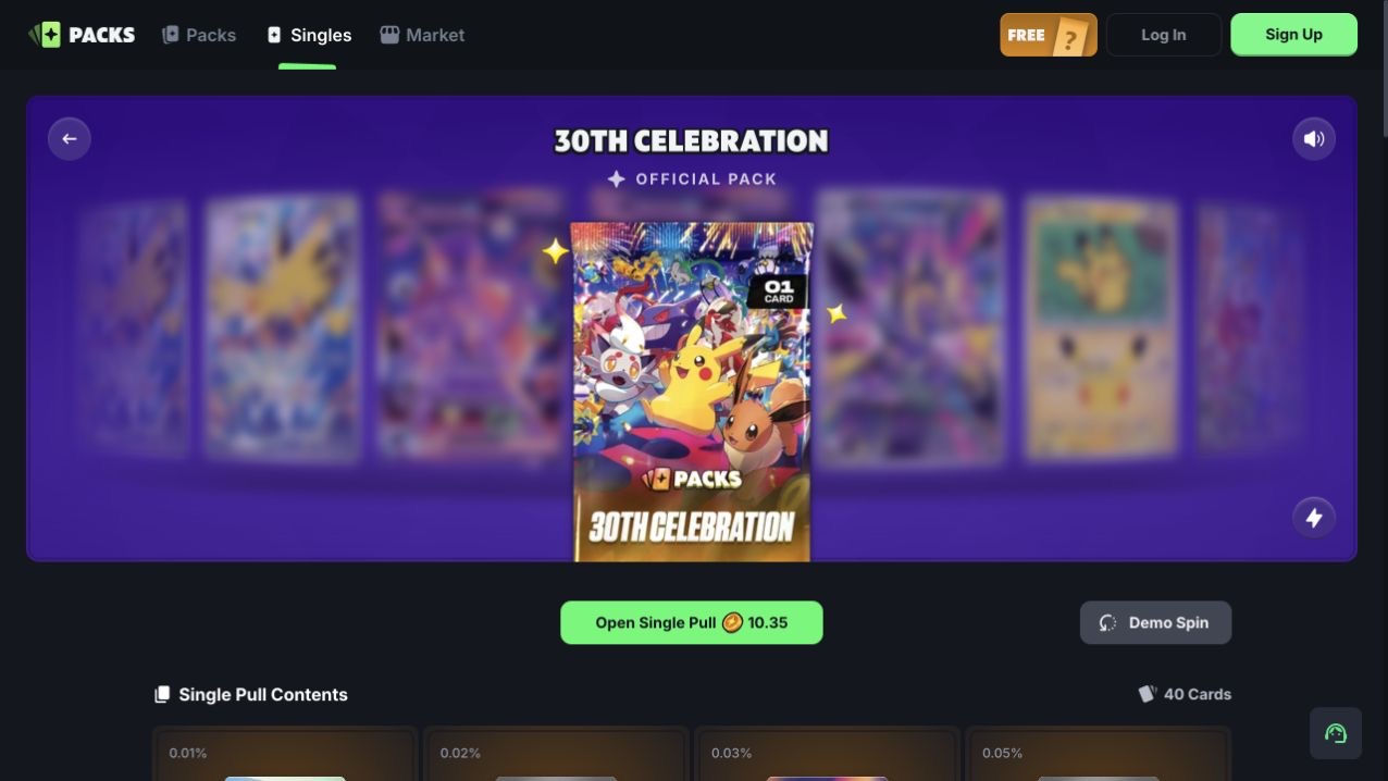 Packs.com anniversary Single Pull showing its opening price and individual card probabilities