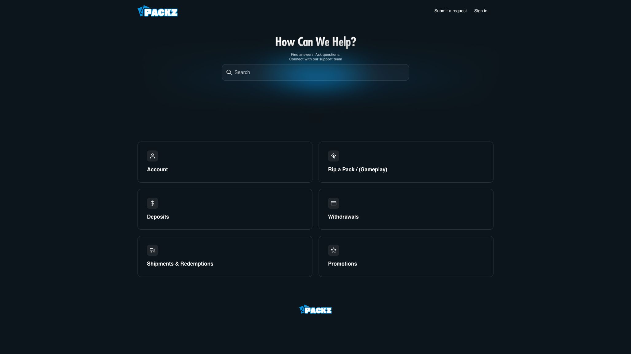 Packz Help Center listing account, pack gameplay, deposits, withdrawals and redemption topics