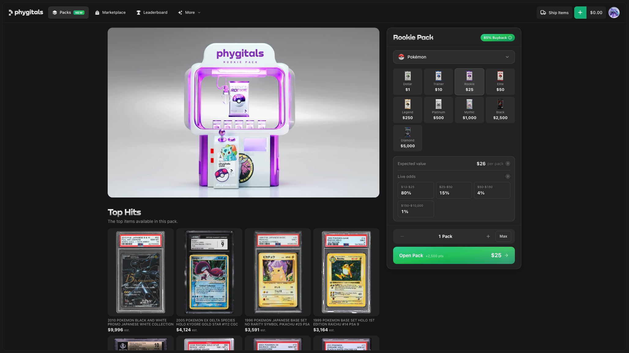 Phygitals Rookie Pack detail page showing pack tiers, live odds and example graded Pokémon chase cards