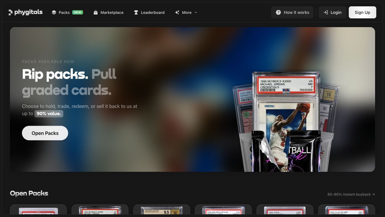 Phygitals homepage advertising sell-back at up to 90% value, with an 85–90% instant buyback label above the pack catalog.
