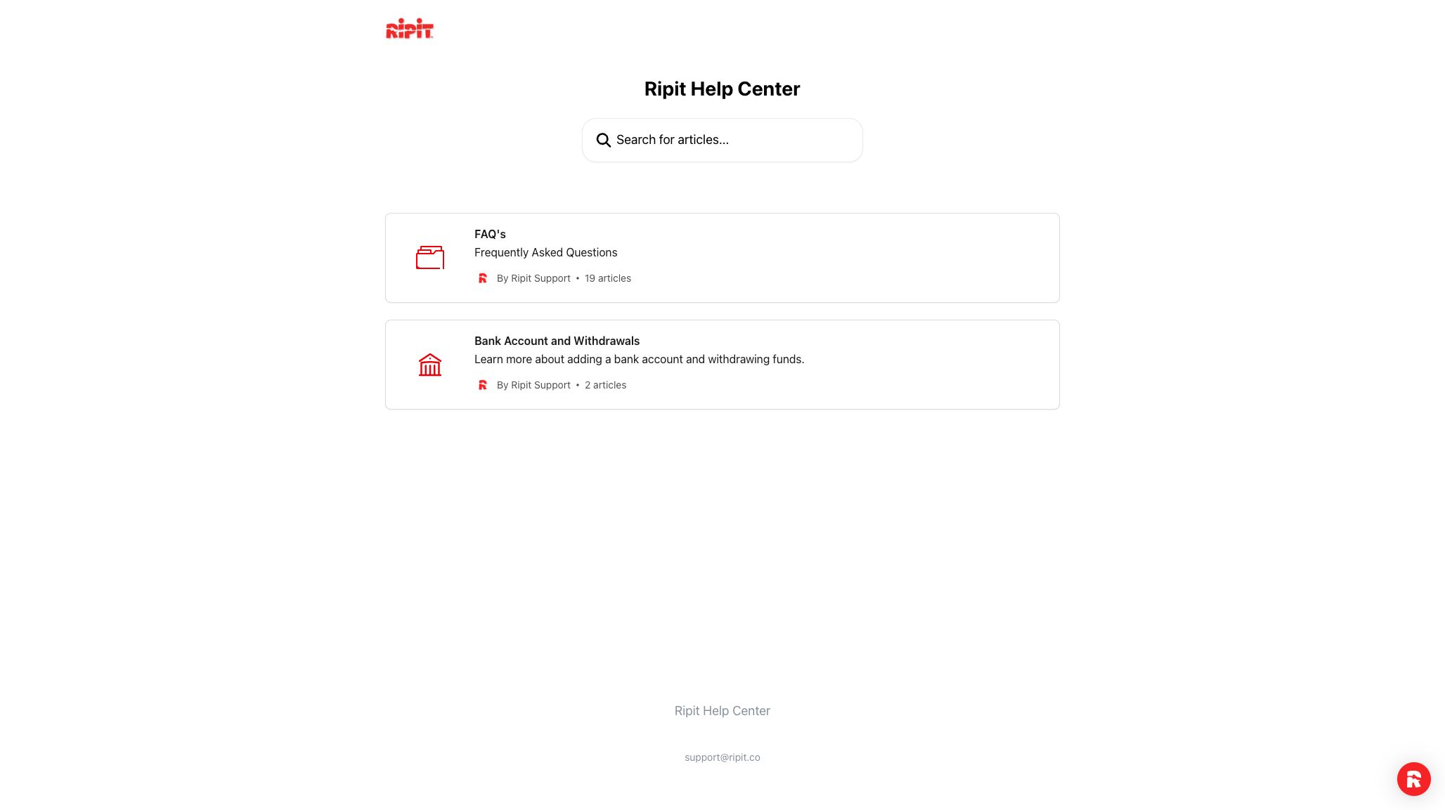 Ripit Help Center showing FAQ and bank account withdrawal collections