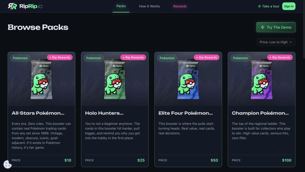 RipRip catalog showing Pokémon booster tiers and their displayed pack prices