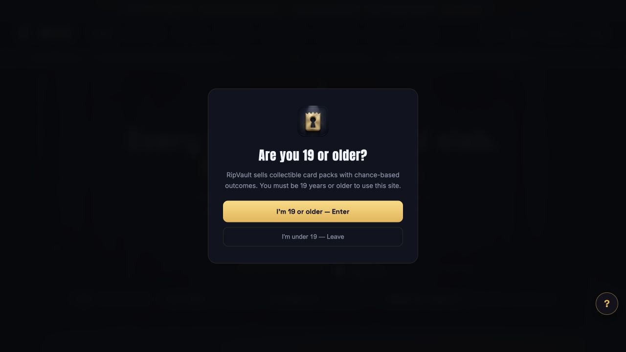 RipVault: public landing page with its 19+ entry gate, captured September 17, 2026